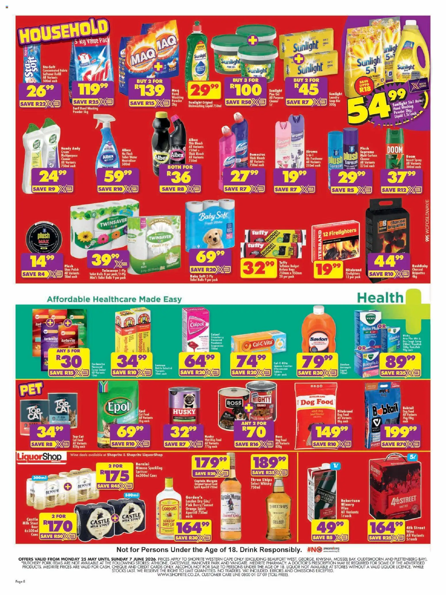 New Shoprite catalogue – valid from 25.05.2026 | Page: 8 | Products: Toilet, Powder, Syrup, Dishwashing liquid