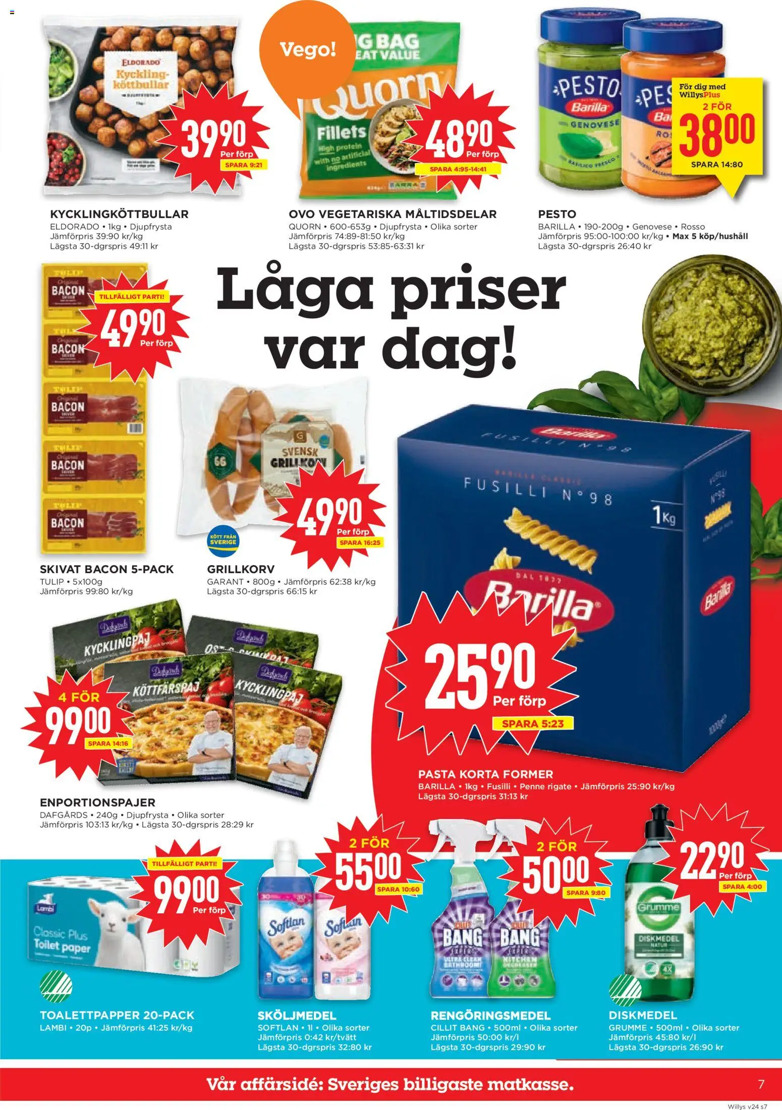 Willys reklamblad aktuell från 08.06.2026 | Sida: 7 | Produkter: Diskmedel, Bacon, Toalettpapper, Grillkorv