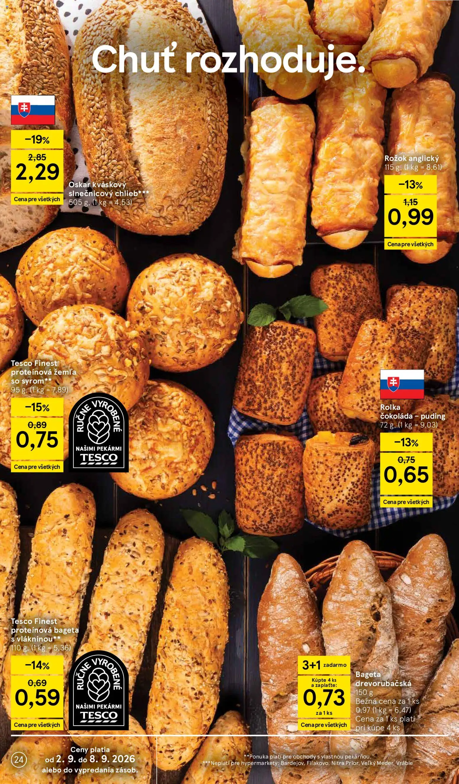 Nové Tesco akcie – leták je platný od 02.09.2026 | Strana: 24 | Produkty: Chlieb, Rožok, Anglický rožok, Čokoláda