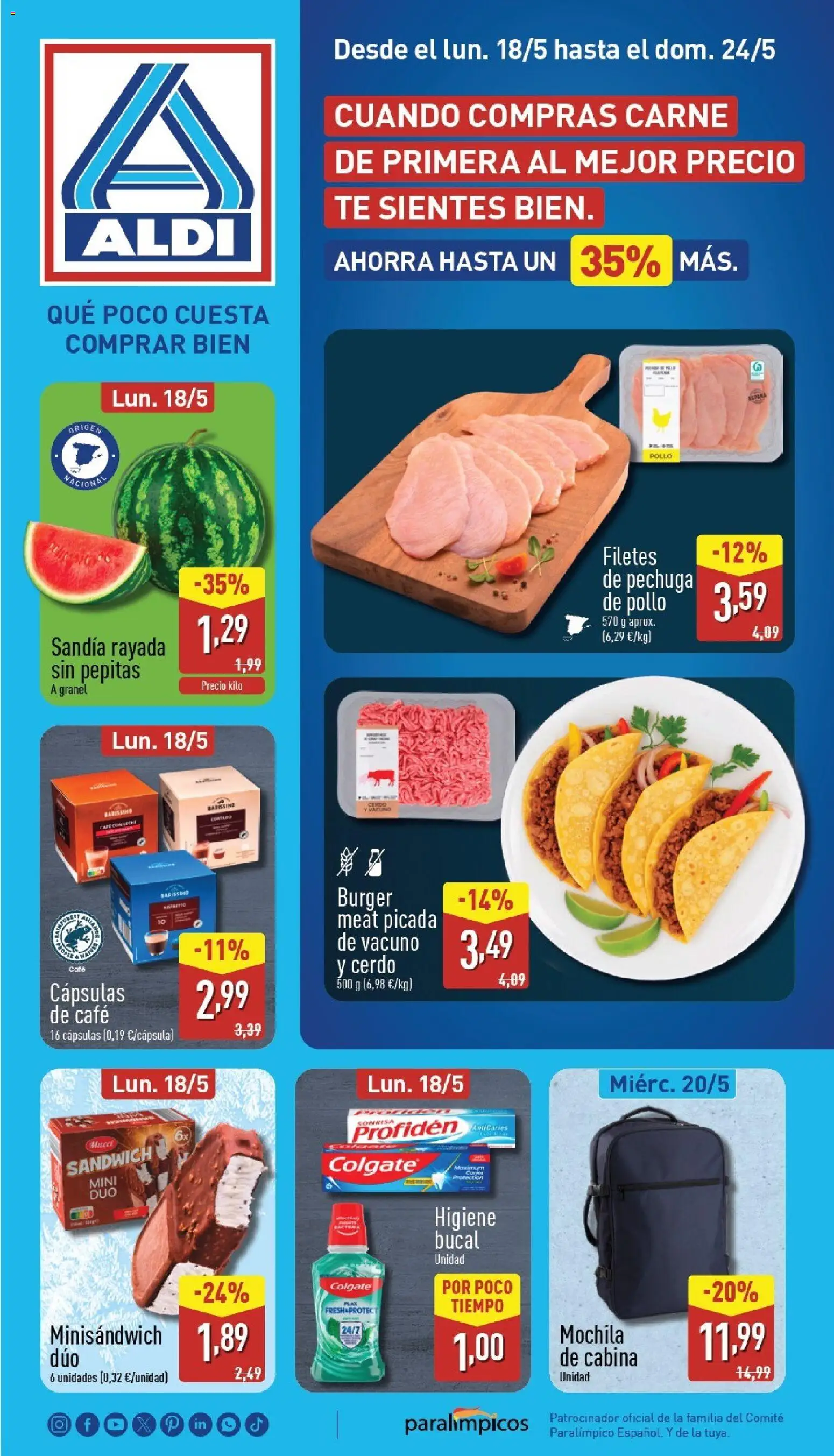 Aldi folleto Península │ válido desde el 18.05.2026 | Página: 1 | Productos: Cerdo, Mochila, Té, Sandía