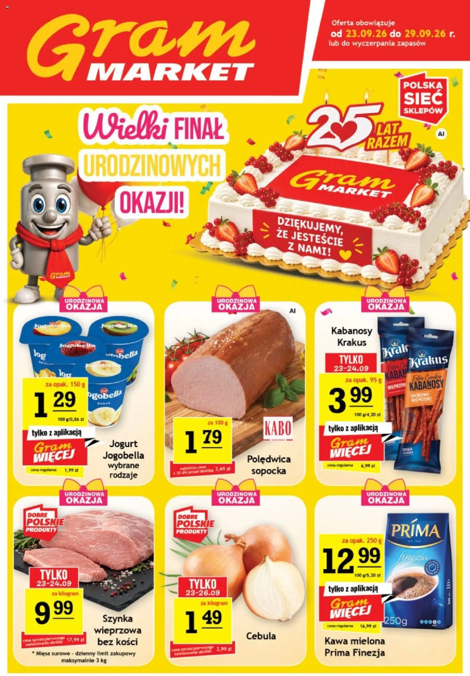 Gram Market gazetka od 23.09.2026 | Strona: 1 | Produkty: Cebula, Kabanosy, Szynka, Jogurt