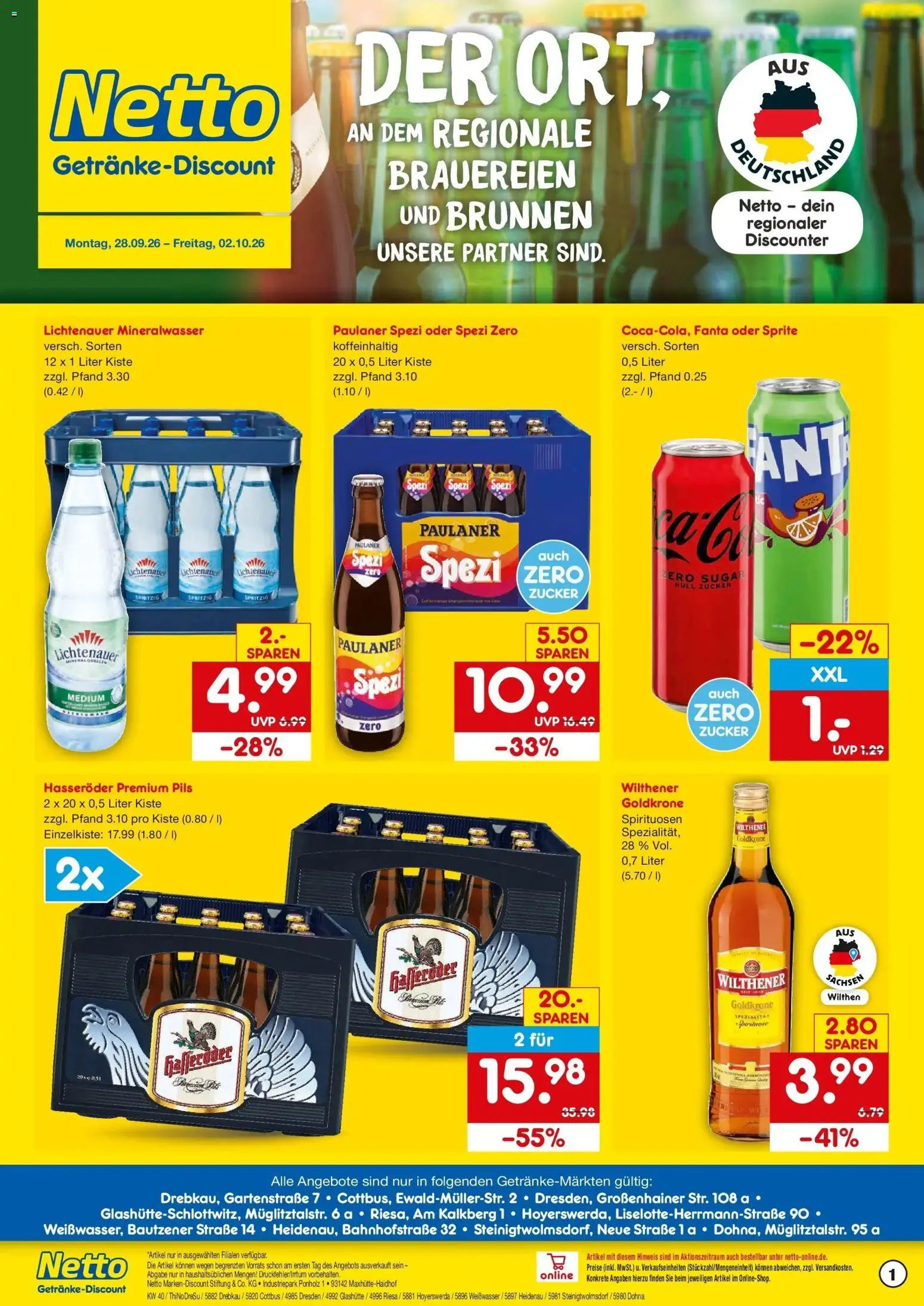 Netto Marken-Discount Prospekt Weißwasser (ab 28.09.2026) » Angebote | Seite: 1 | Produkte: Fanta, Paulaner spezi, Mineralwasser, Zucker