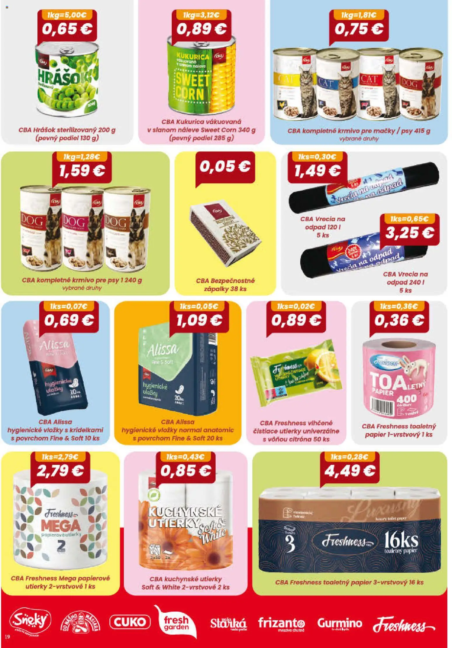 Nové CBA Verex akcie – leták je platný od 01.10.2026 | Strana: 19 | Produkty: Hrášok, Toaletný papier 3vrstvový, Kukurica, Utierky
