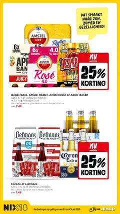 Desperados, Amstel Radler, Amstel Rosé of Apple Bandit, Set à 4, 6 of 12 flesjes of blikjes M.u.v. Apple Bandit 0.0% Bijv. Desperados original bier set met 6 flesjes à 330 ml - Voorbeeld van een folder van Jumbo, geldig van 08-07-2026 | Pagina: 28 | Producten: Bier, Borjúlábszár, Festék, Alcohol