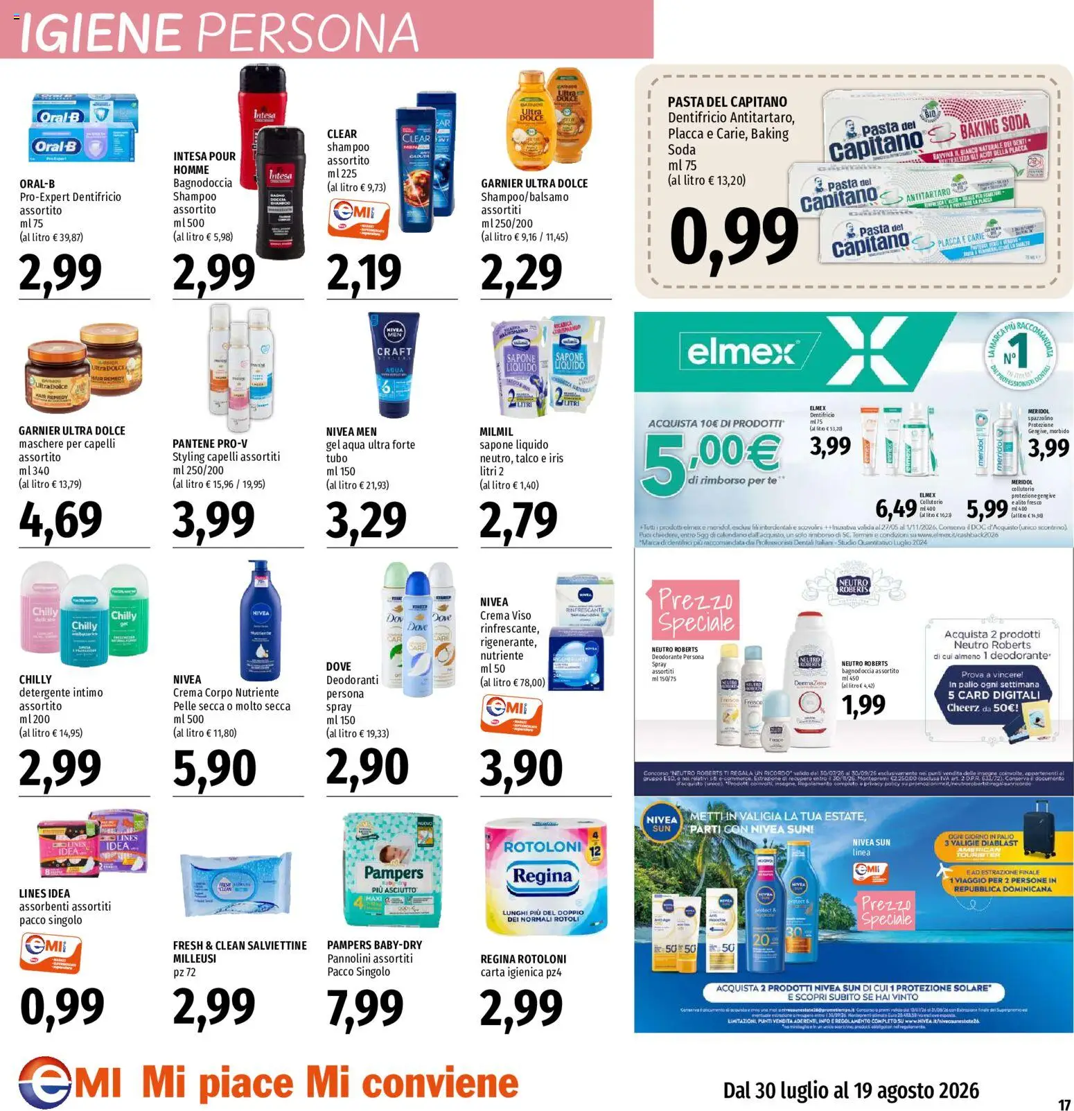 Volantino EMI del 30/07/2026 | Pagina: 17 | Prodotti: Collutorio, Detergente intimo, Talco, Pampers