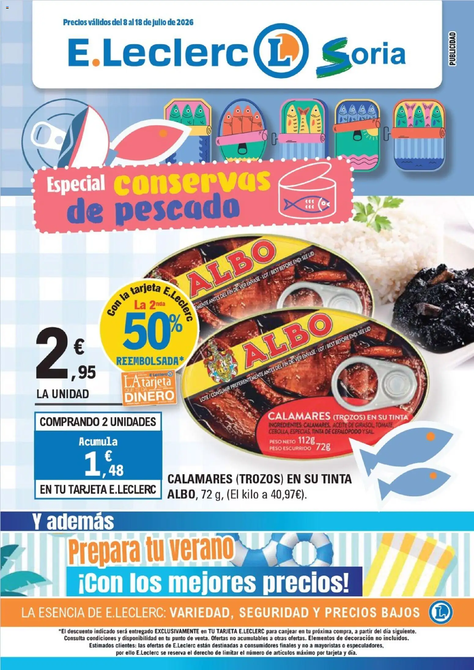 E.Leclerc folleto Soria │ válido desde el 08/07/2026 | Página: 1 | Productos: Calamares, Aceite, Peso