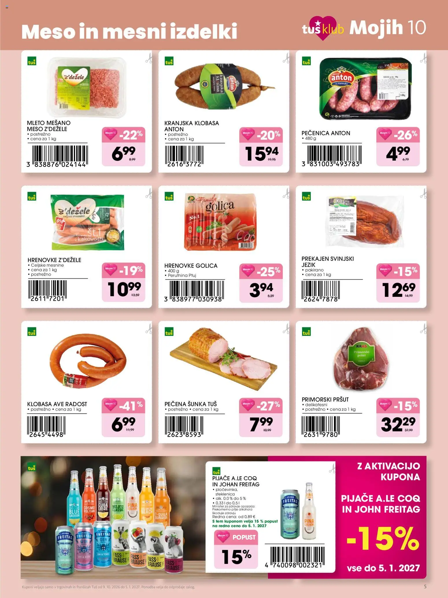 Novi Tuš katalog ponudbe – veljaven od 09.10.2026 | Stran: 5 | Izdelki: Steklenica, Pršut, Sunka, Gin