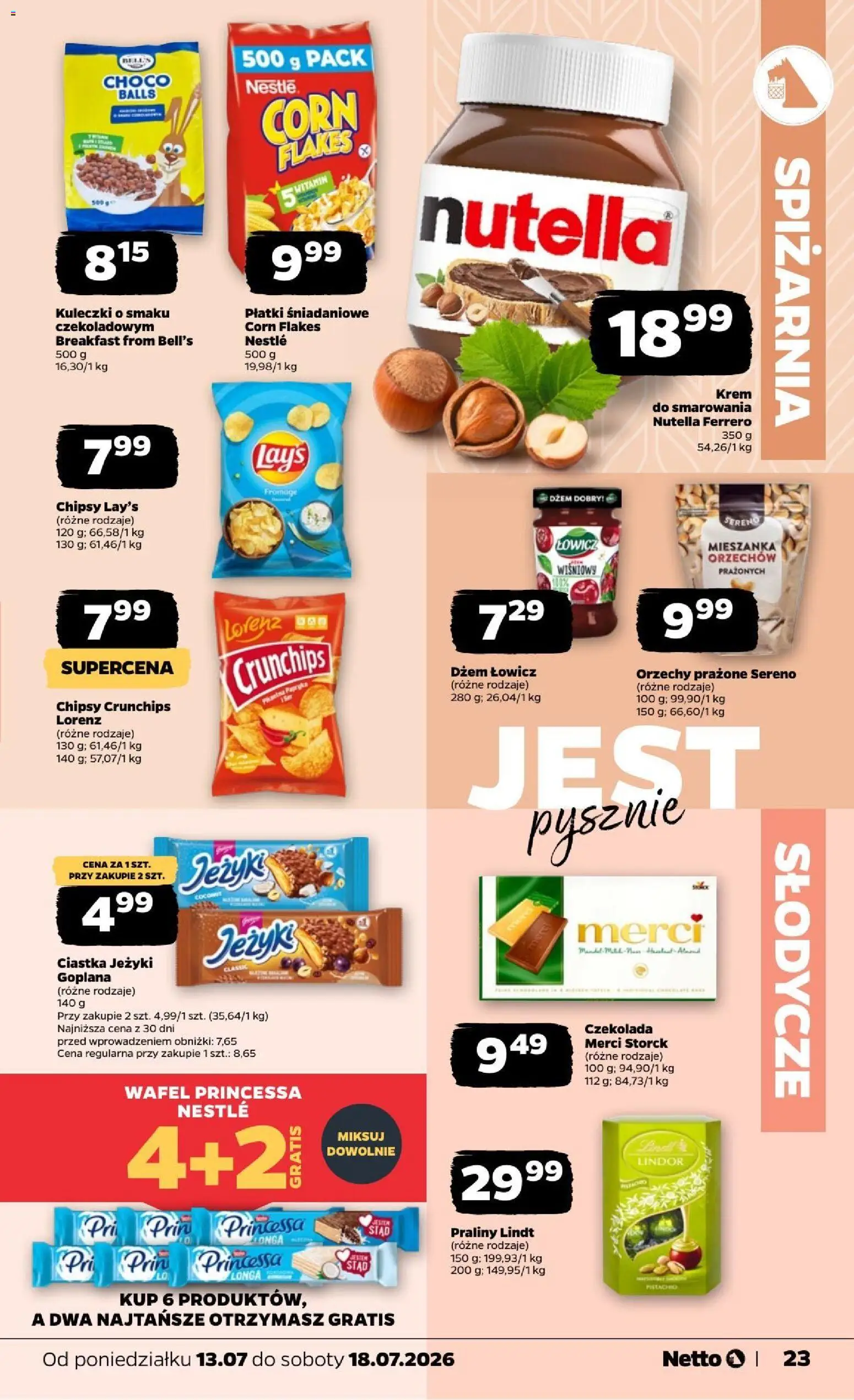 Netto gazetka od poniedziałku od 13.07.2026 | Strona: 23 | Produkty: Lindt, Nutella, Lindor, Płatki