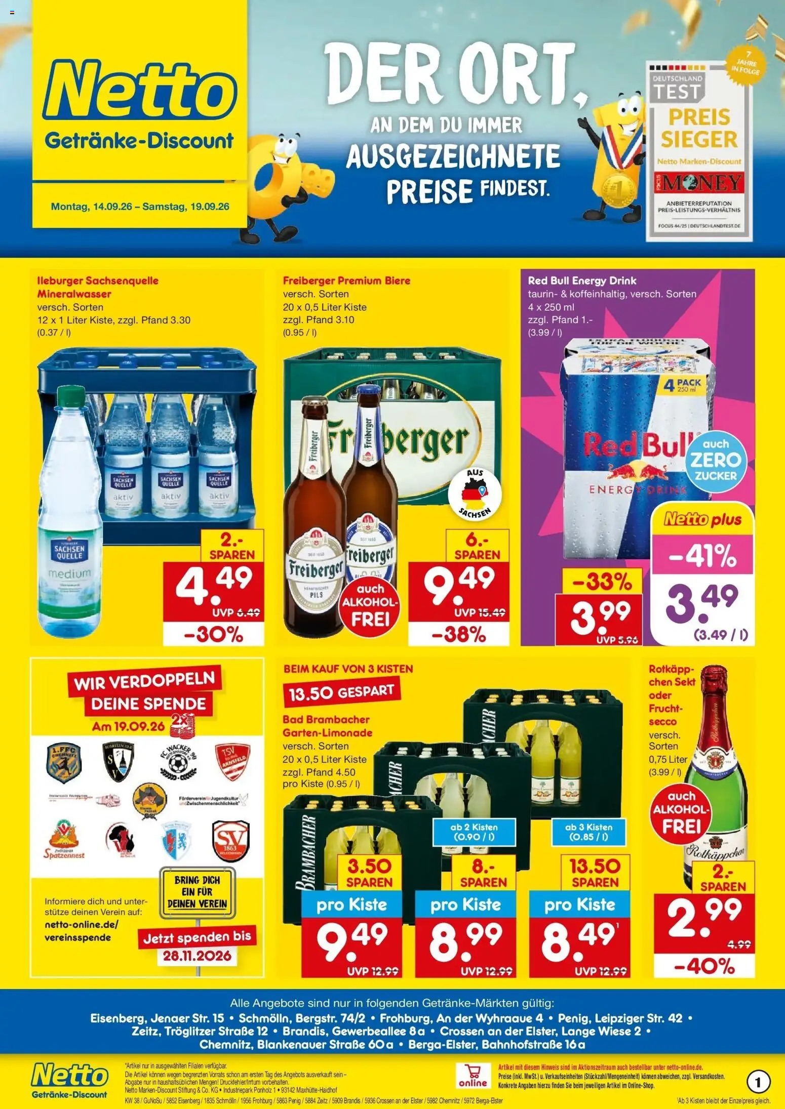 Netto Marken-Discount Prospekt Frohburg – gültig ab 14.09.2026 | Seite: 1 | Produkte: Red bull, Energy, Sekt, Mineralwasser