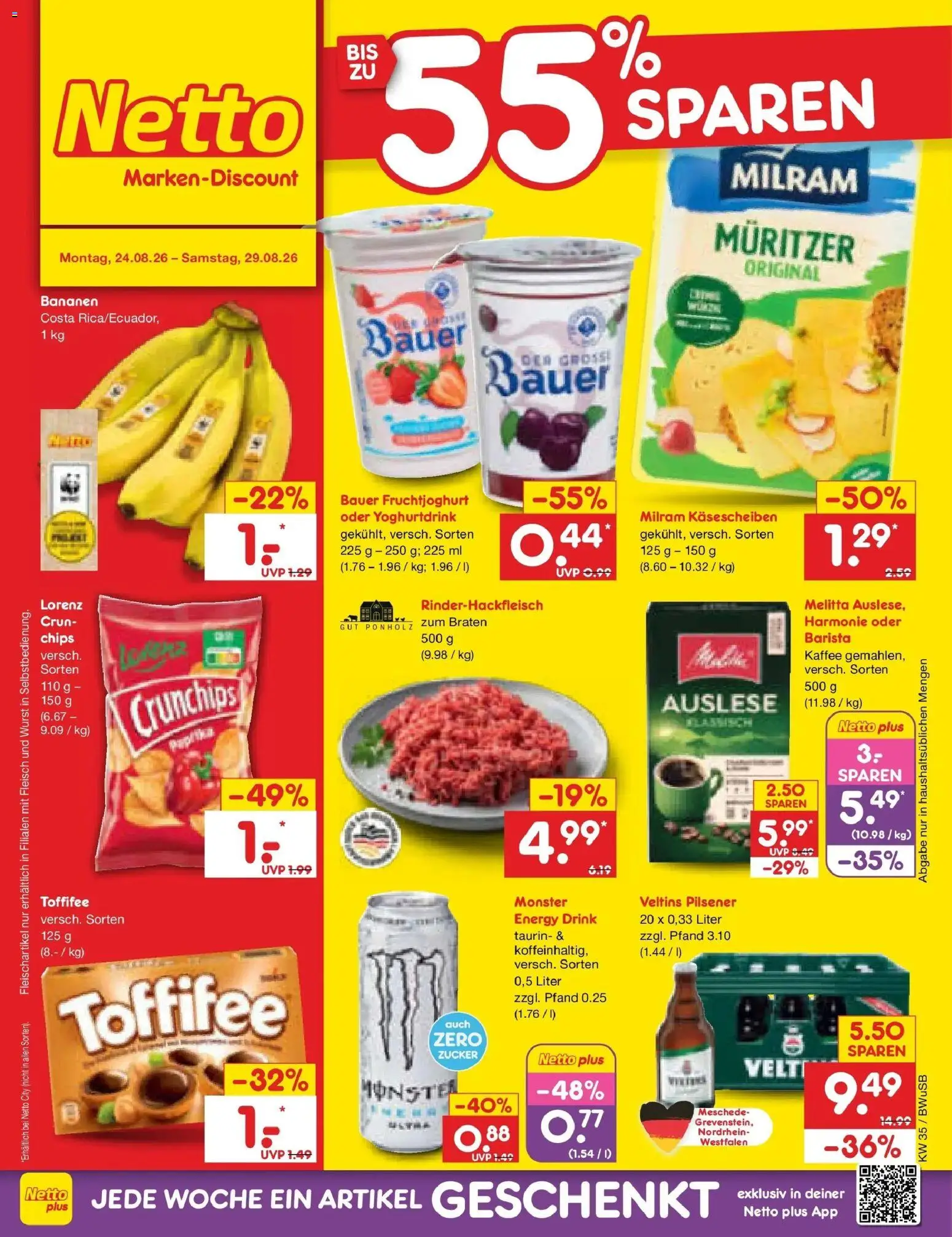 Netto Marken-Discount Prospekt Bielefeld (ab 24.08.2026) » Angebote | Seite: 1 | Produkte: Energy, Bananen, Monster, Chips