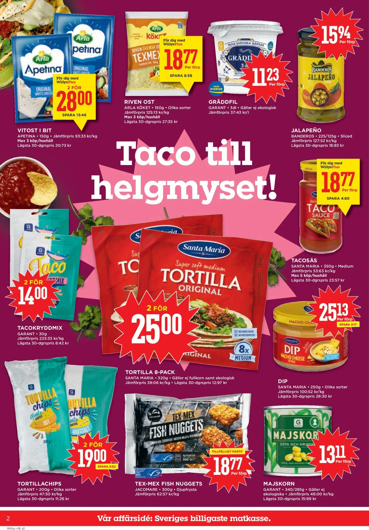Willys reklamblad aktuell från 13.04.2026 | Sida: 2 | Produkter: Tacosås, Chips, Riven ost, Gräddfil