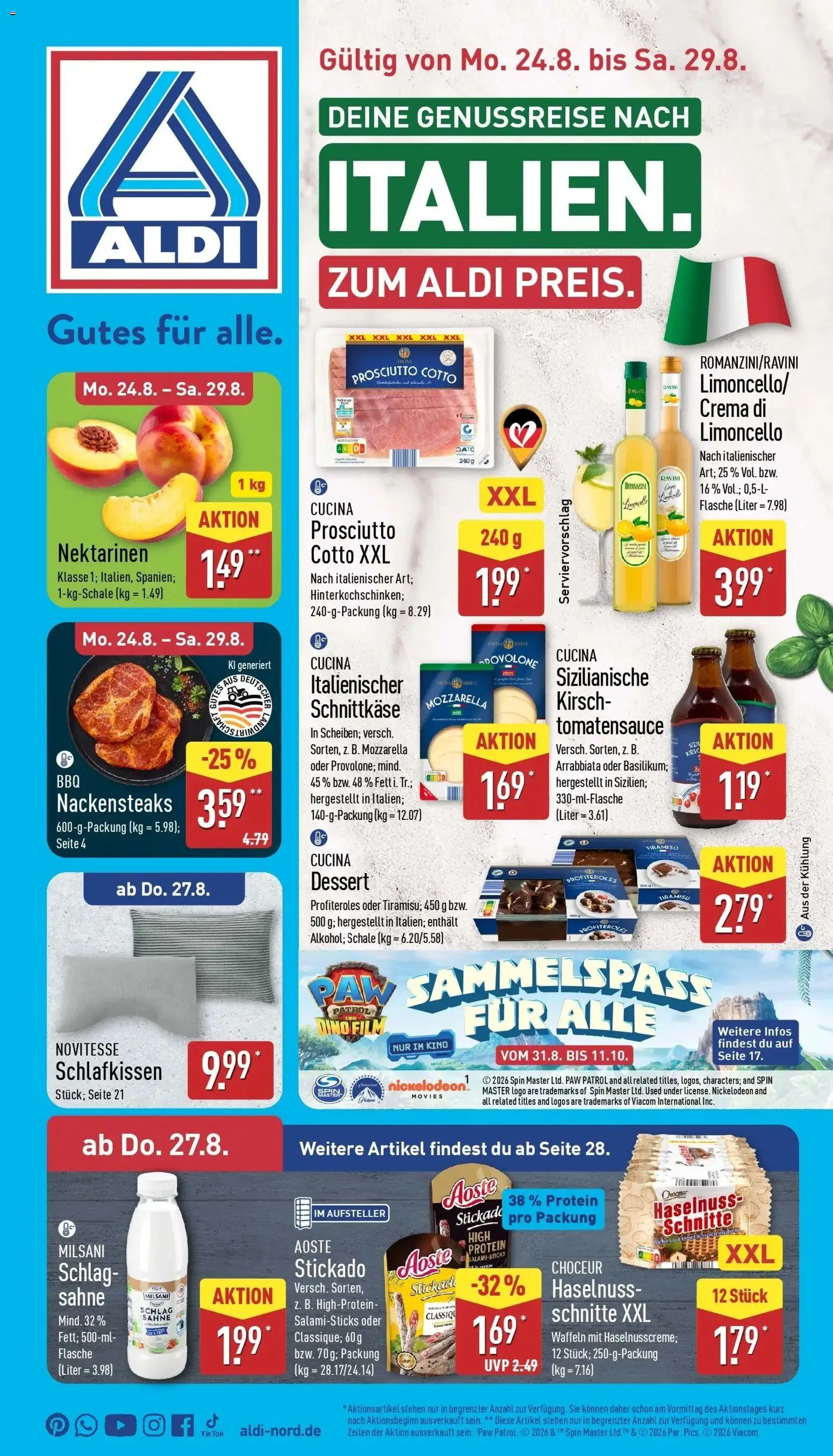 Aldi Aktueller Prospekt (ab 24.08.2026) » Angebote Online | Seite: 1 | Produkte: Nektarinen, Mozzarella, Waffeln, Sahne