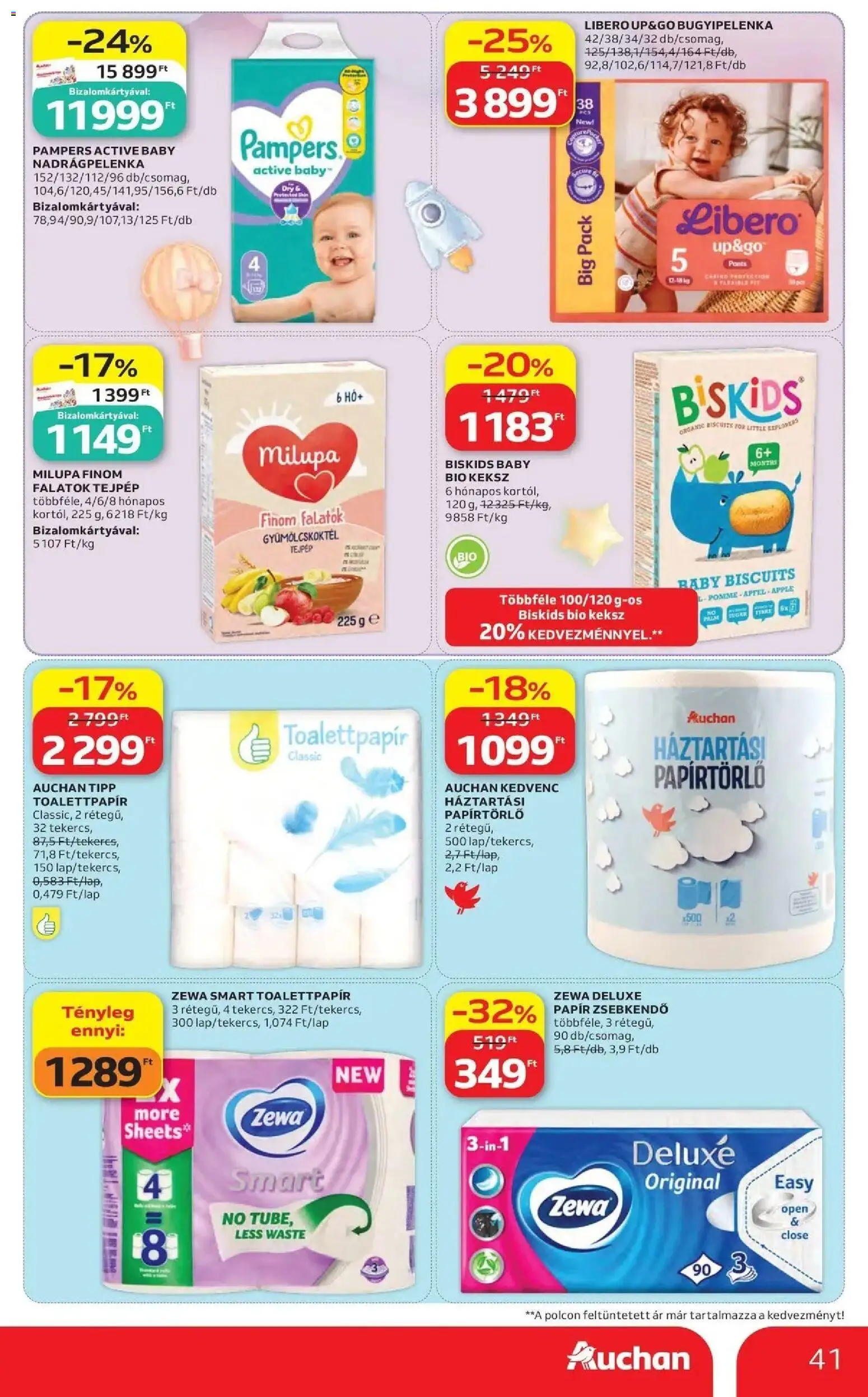 Auchan akciós újság Szolnok - 2026.10.08. -tól/töl > akció, lapozható szórólap 🛍️ | Oldal: 41 | Termékek: Zsebkendő, Zewa, Bugyipelenka, Milupa