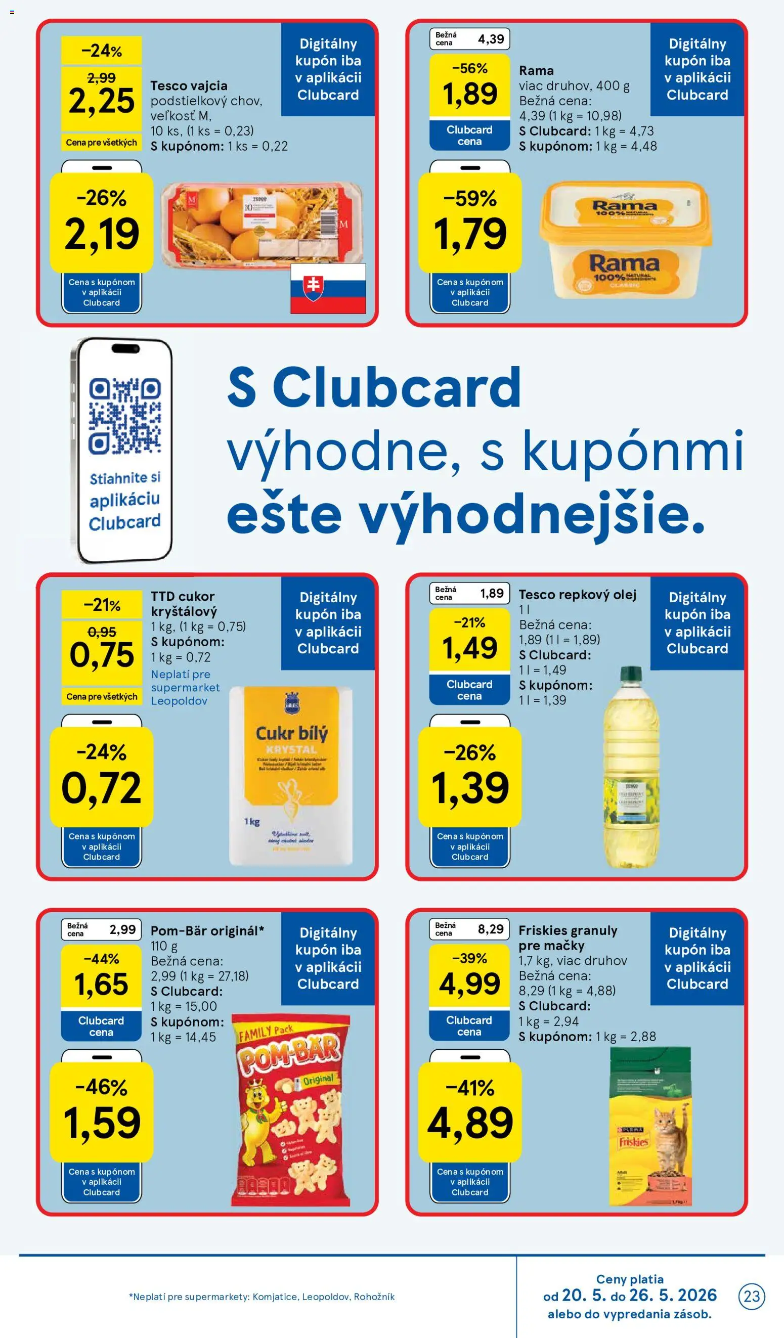 Nové Tesco akcie – leták je platný od 20.05.2026 | Strana: 23 | Produkty: Vajcia, Friskies, Repkový olej, Cukor