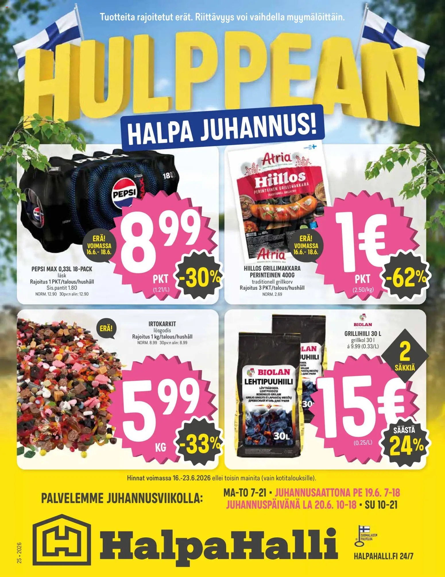 Halpa Halli tarjoukset – voimassa 16.06.2026 alkaen | Sivu: 1 | Tuotteet: Irtokarkit, Voi, Pepsi, Grillimakkara