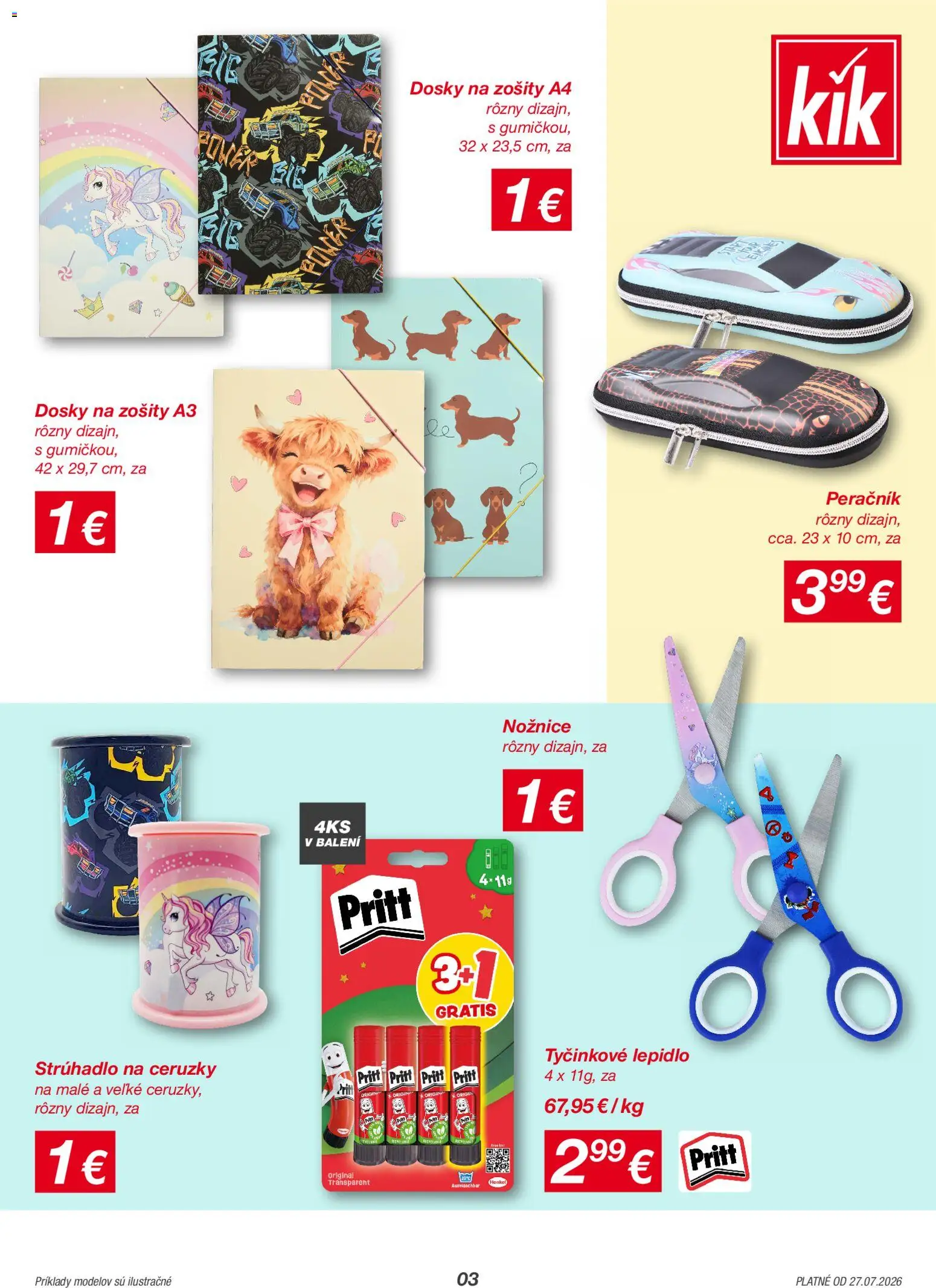Nové Kik akcie – leták je platný od 27.07.2026 | Strana: 3 | Produkty: Strúhadlo, Zošity, Peračník