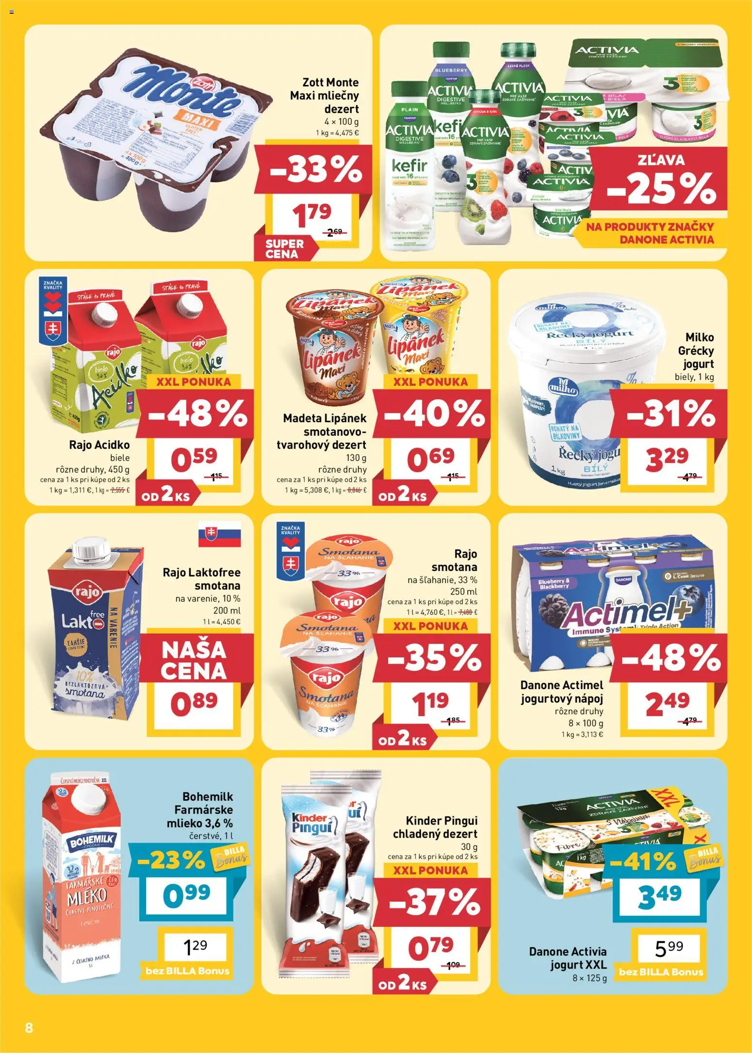 Nové Billa akcie – leták je platný od 23.09.2026 | Strana: 8 | Produkty: Mlieko, Kinder, Grécky jogurt, Dezert