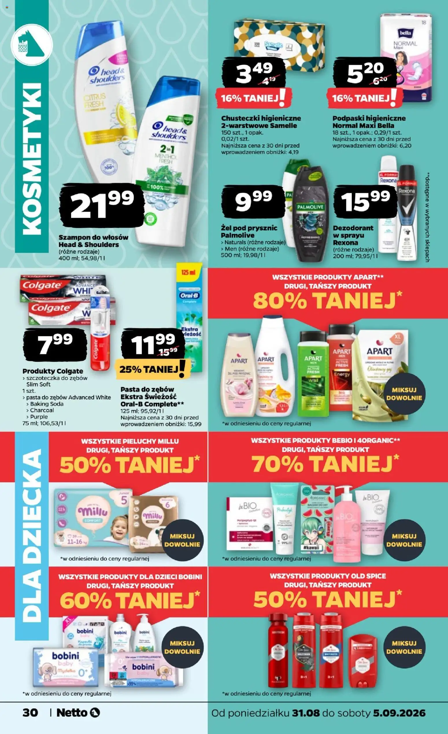Netto gazetka od poniedziałku od 31.08.2026 | Strona: 30 | Produkty: Chusteczki higieniczne, Prysznic, Pasta, Pieluchy