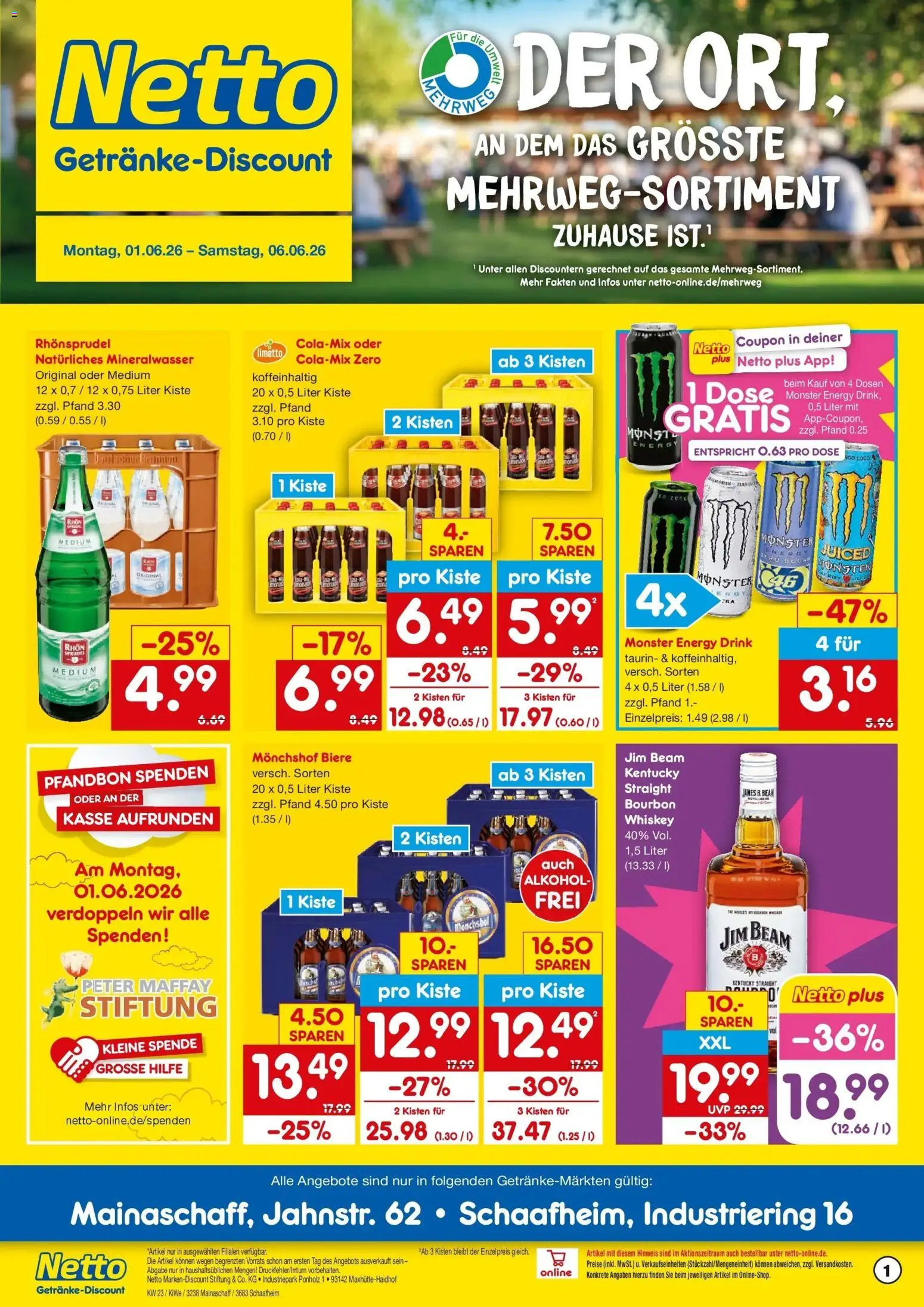 Netto Marken-Discount Prospekt Mainaschaff – gültig ab 01.06.2026 | Seite: 1 | Produkte: Jim beam, Monster, Rhonsprudel, Whiskey