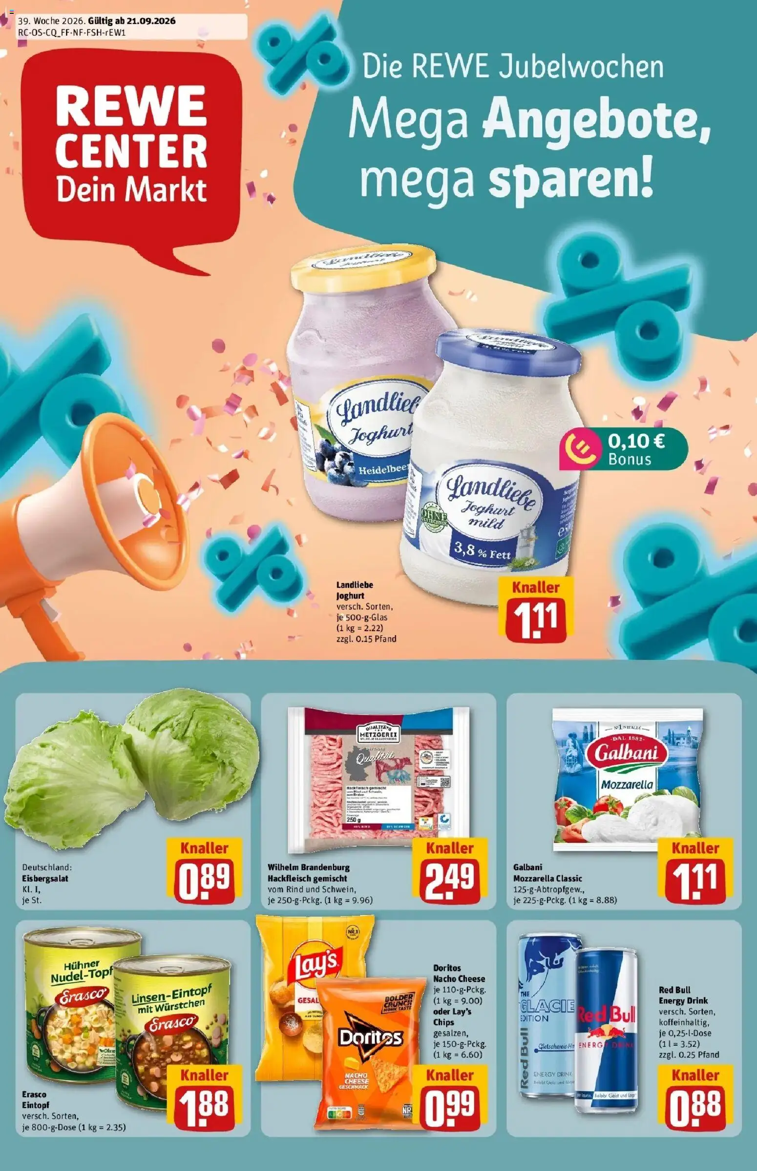 REWE Prospekt ab 21.09.2026 zum Blättern » Angebote | Seite: 1 | Produkte: Energy, Joghurt, Eisbergsalat, Chips
