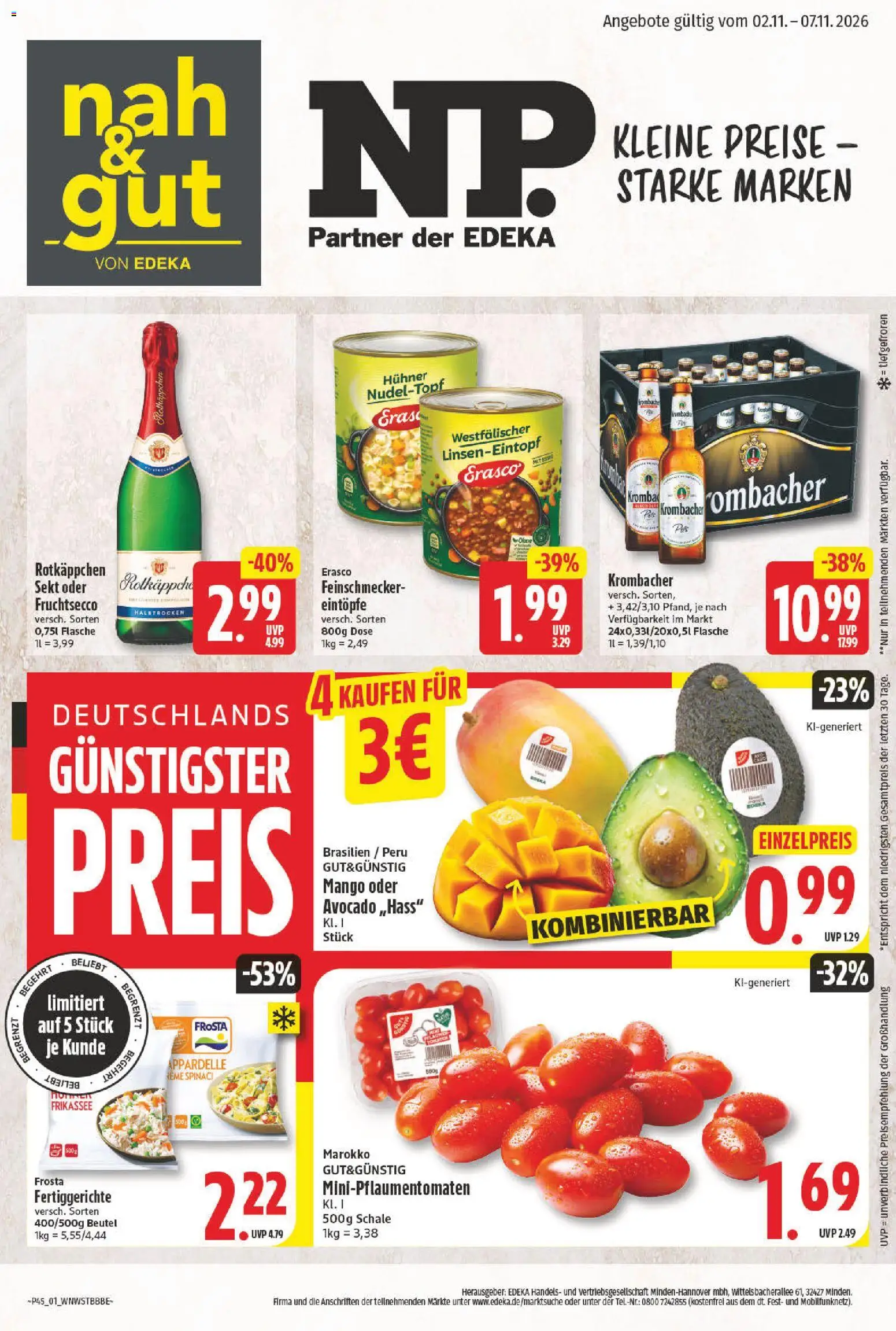 NP Discount Prospekt – gültig ab 02.11.2026 | Seite: 1 | Produkte: Fruchtsecco, Avocado, Fertiggerichte, Erasco