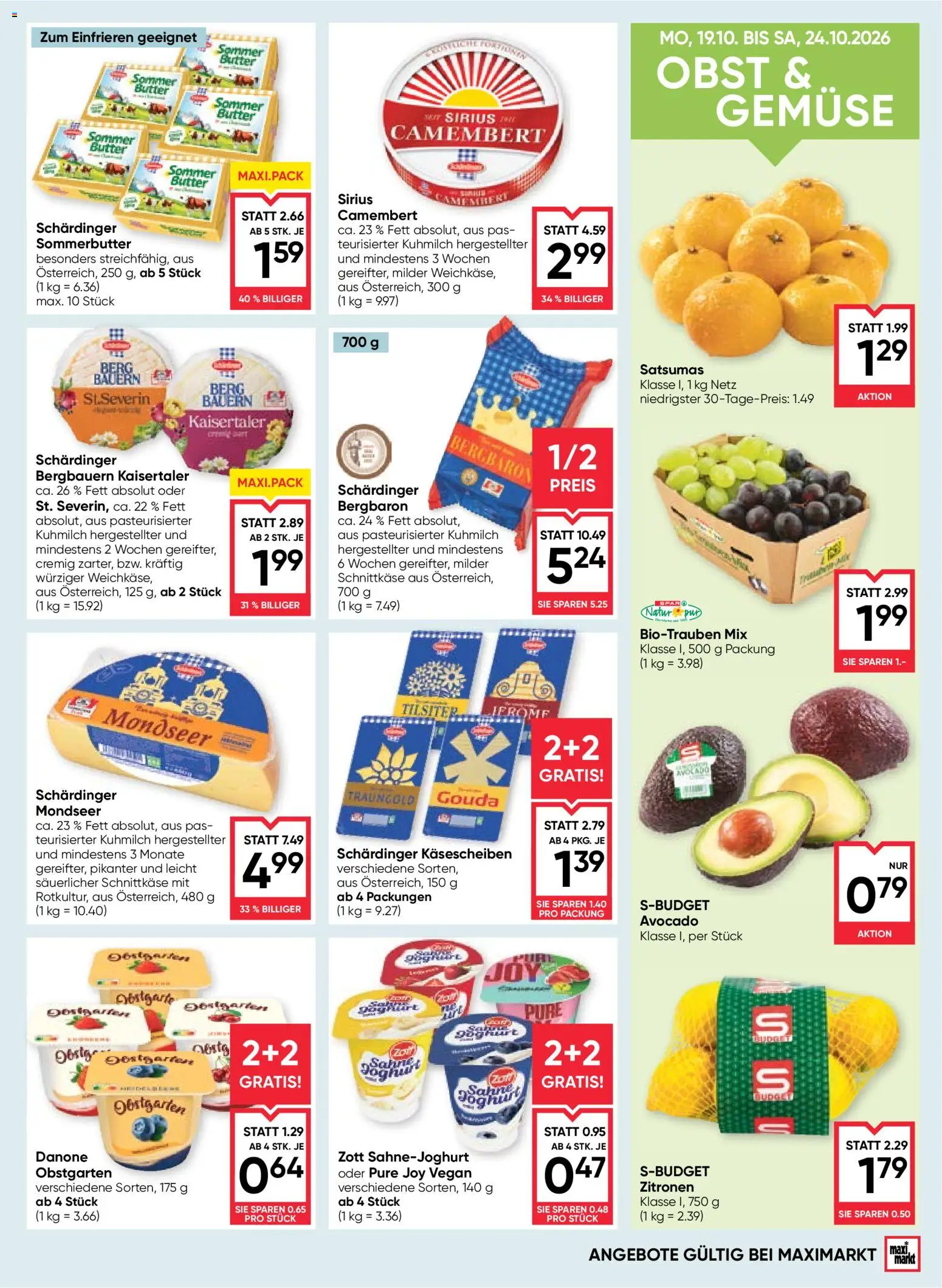 Maximarkt Flugblatt gültig ab 22.10.2026 | Seite: 9 | Produkte: Sahne, Gemüse, Obst, Butter