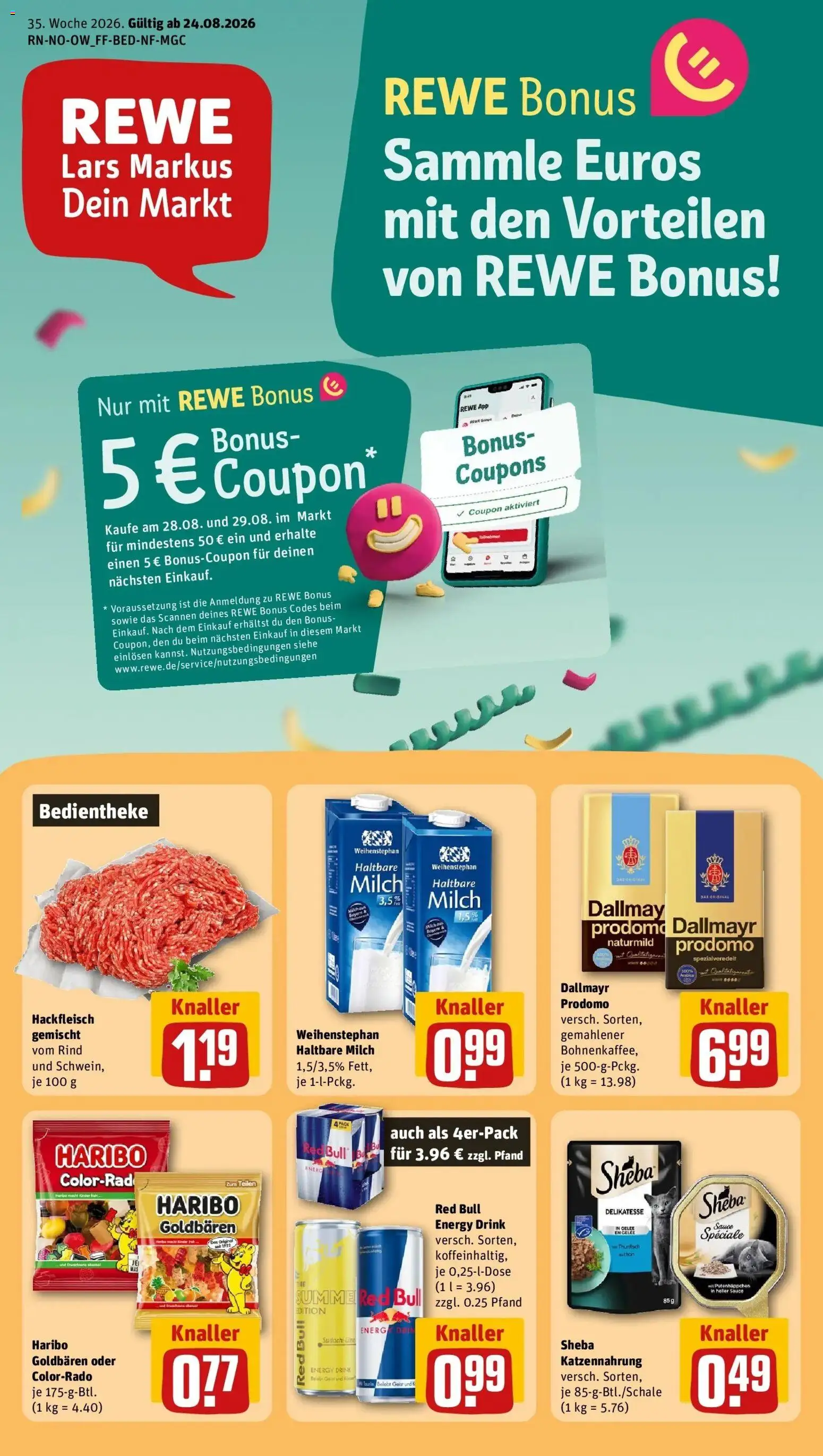 REWE Prospekt ab 24.08.2026 zum Blättern » Angebote | Seite: 1 | Produkte: Sheba, Energy, Thunfisch, Hackfleisch