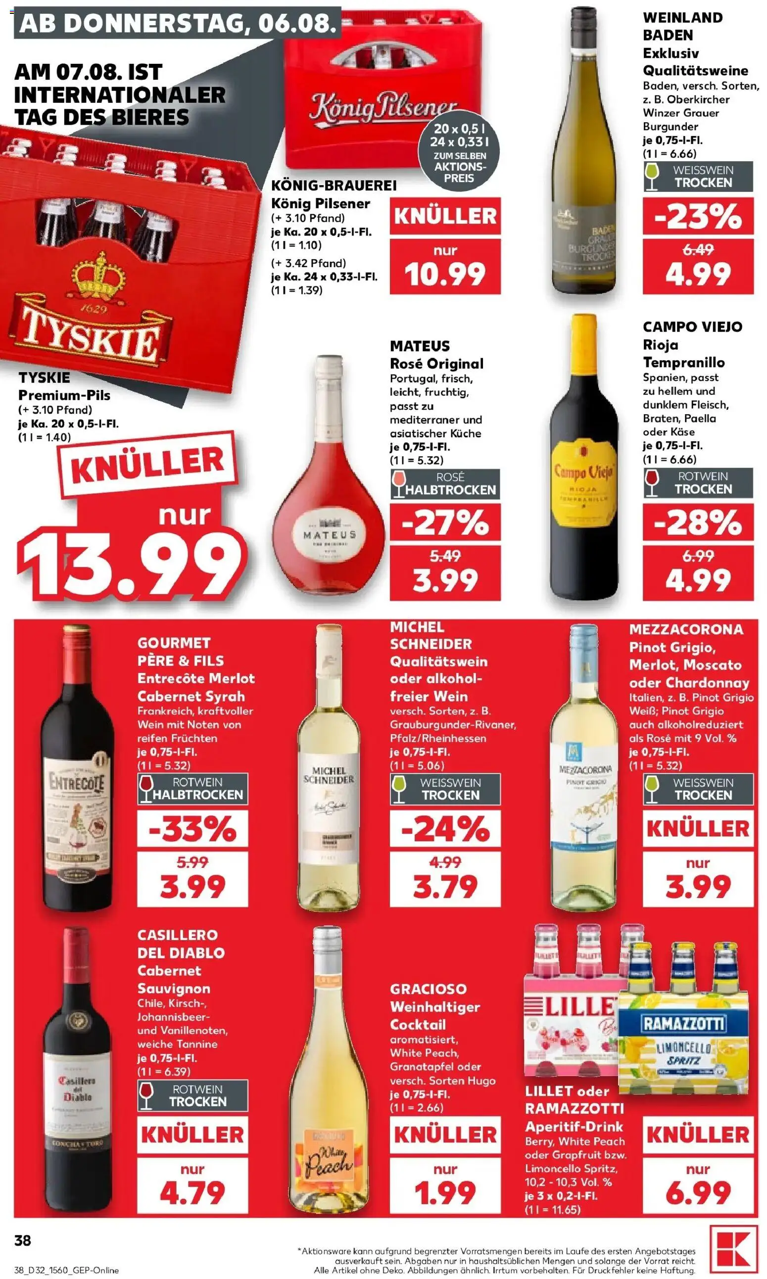Prospekt Kaufland ab 06.08.2026 » Angebote Online zum Blättern | Seite: 38 | Produkte: Tyskie, Weißwein trocken, Merlot, Wein