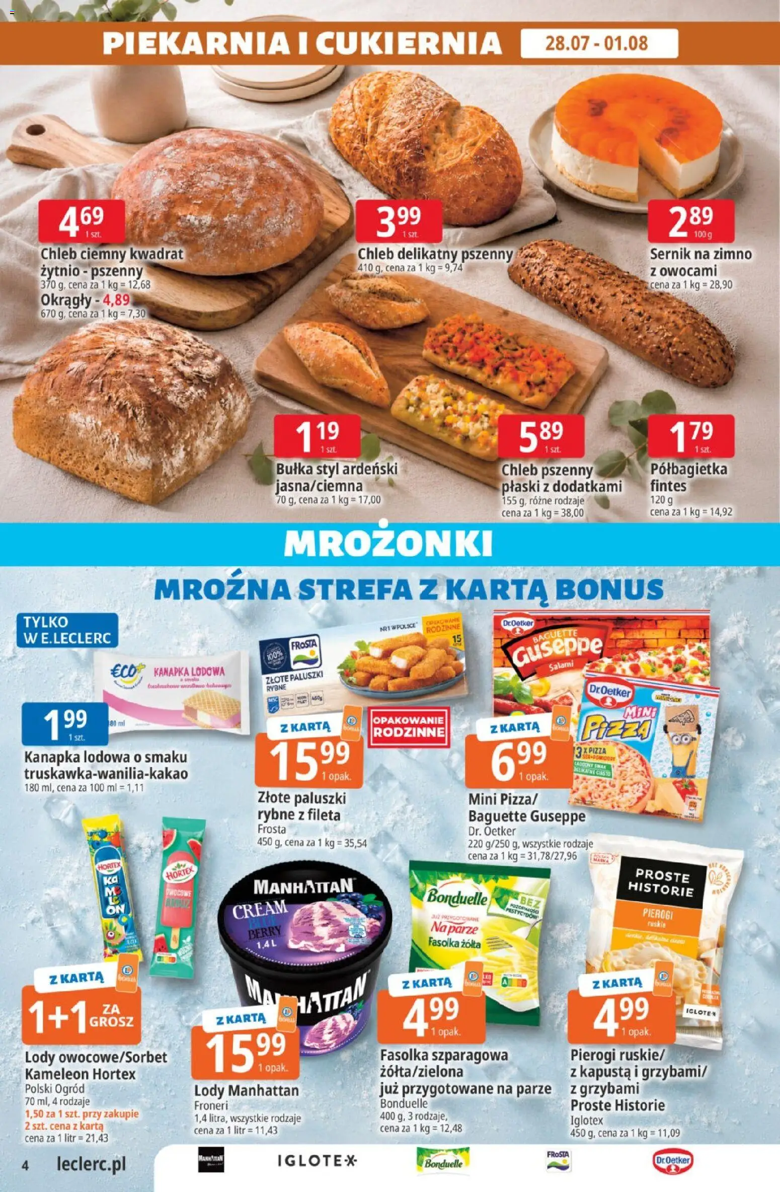 E.Leclerc gazetka od 28.07.2026 | Strona: 4 | Produkty: Karta, Piekarnia, Paluszki rybne, Lody