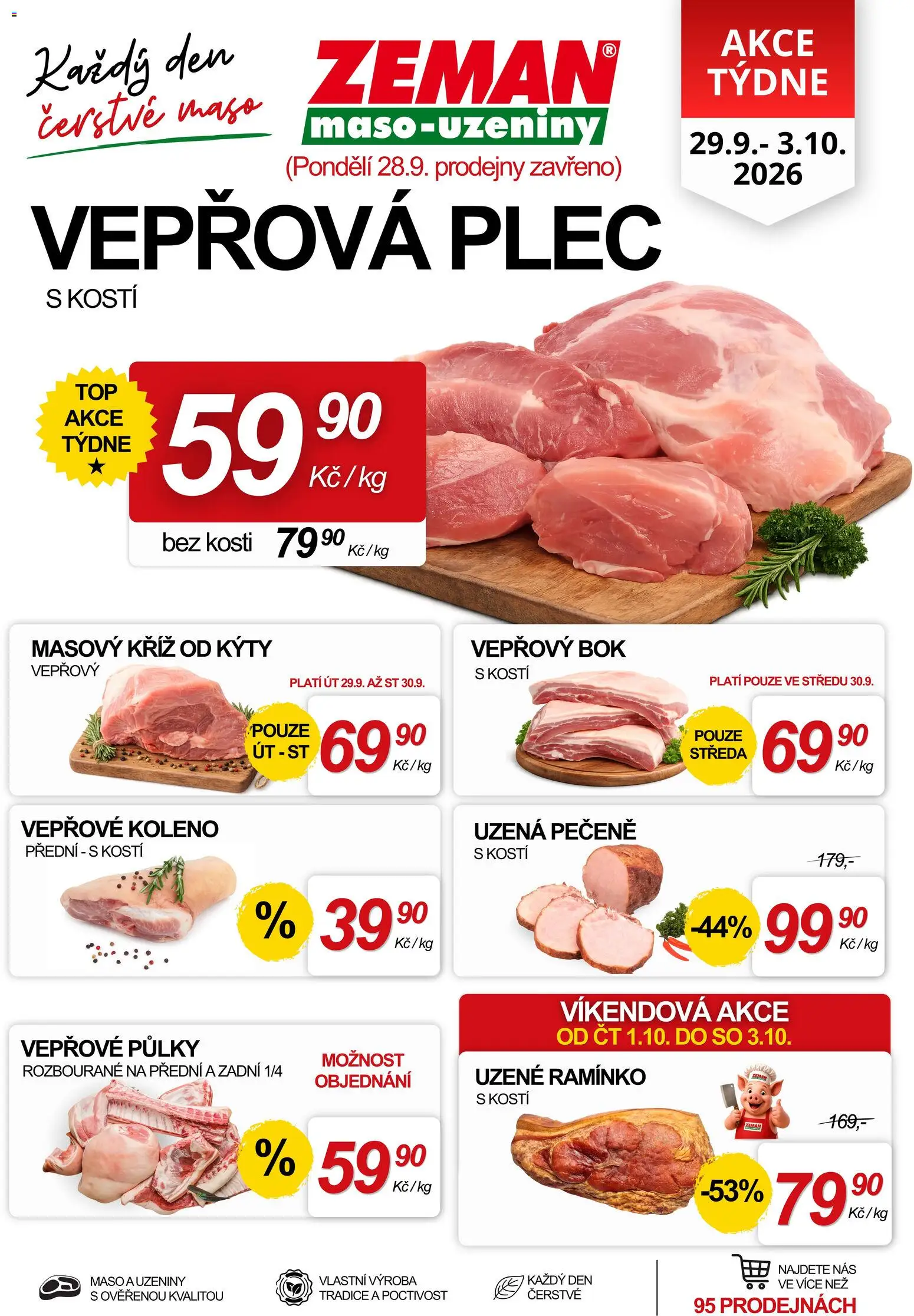 Prodejny Zeman leták od 29.09.2026 | Strana: 1 | Produkty: Vepřový bok, Vepřové půlky, Uzeniny, Maso