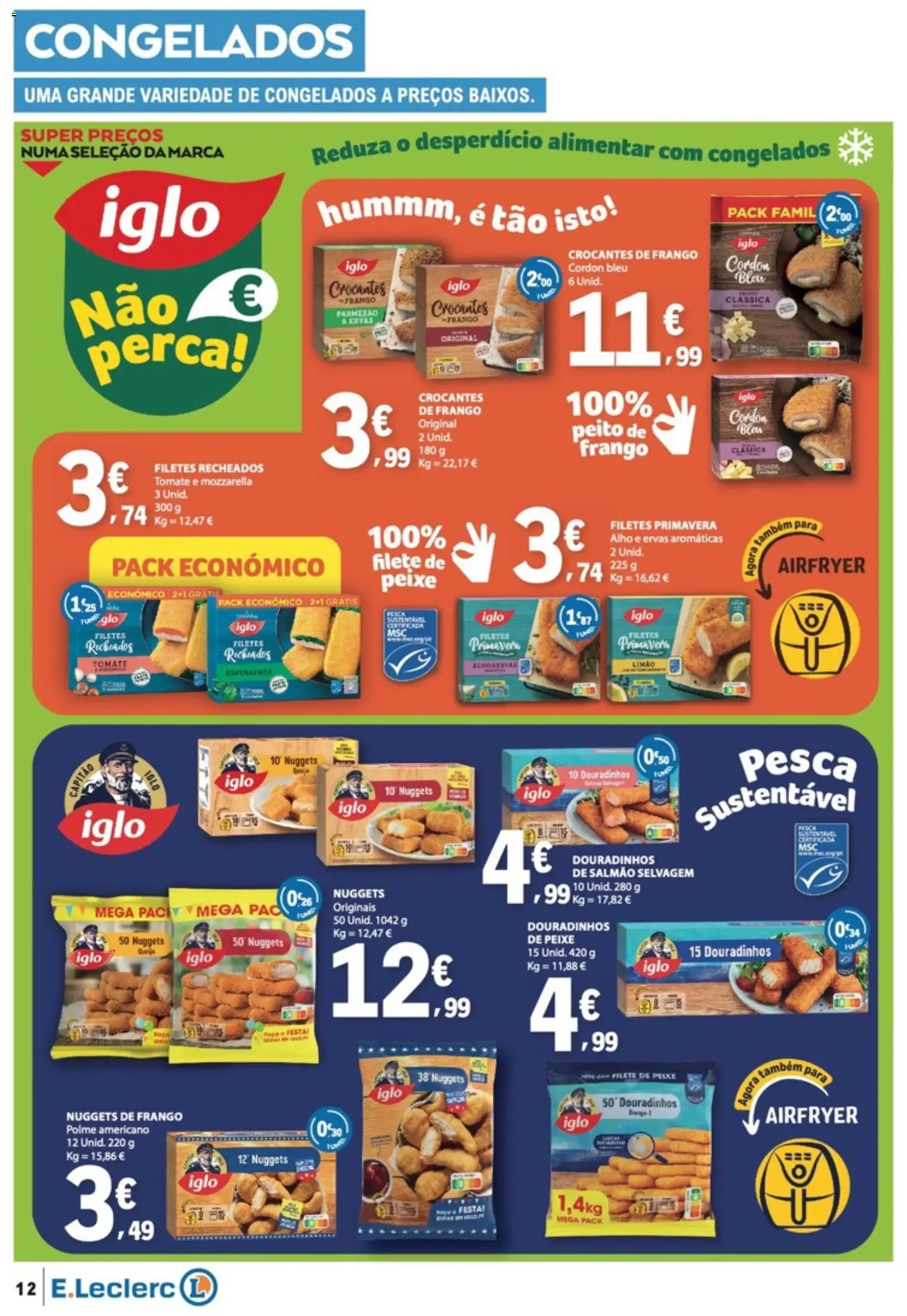 E.Leclerc folheto │ válido de 07.05.2026 | Página: 12 | Produtos: Espinafres, Salmão, Peixe, Nuggets