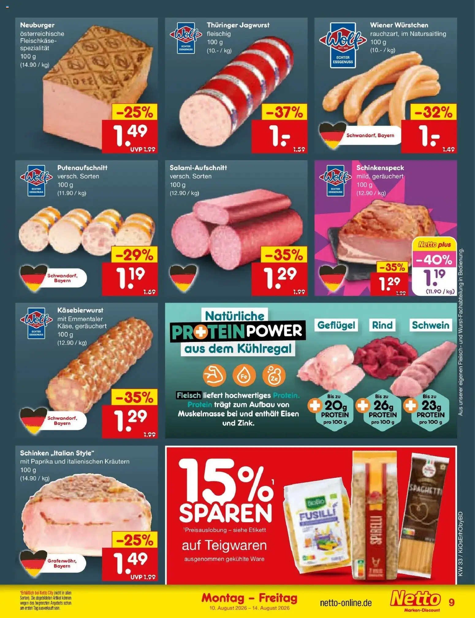 Netto Marken-Discount Prospekt Mistelbach (ab 10.08.2026) » Angebote | Seite: 9 | Produkte: Spaghetti, Paprika, Schinken, Fleisch