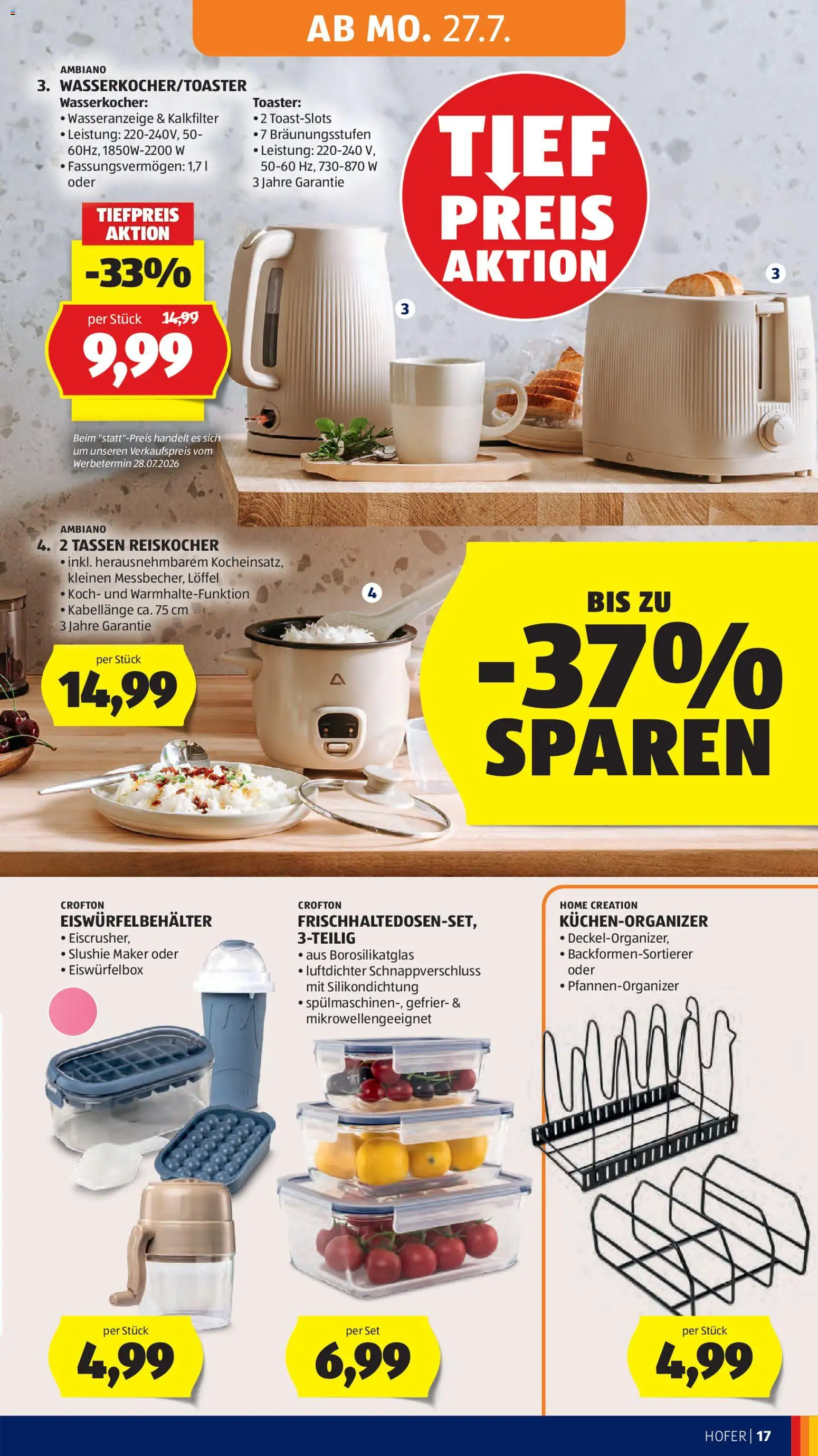 Hofer Flugblatt gültig ab 24.07.2026 | Seite: 27 | Produkte: Wasserkocher, Toaster