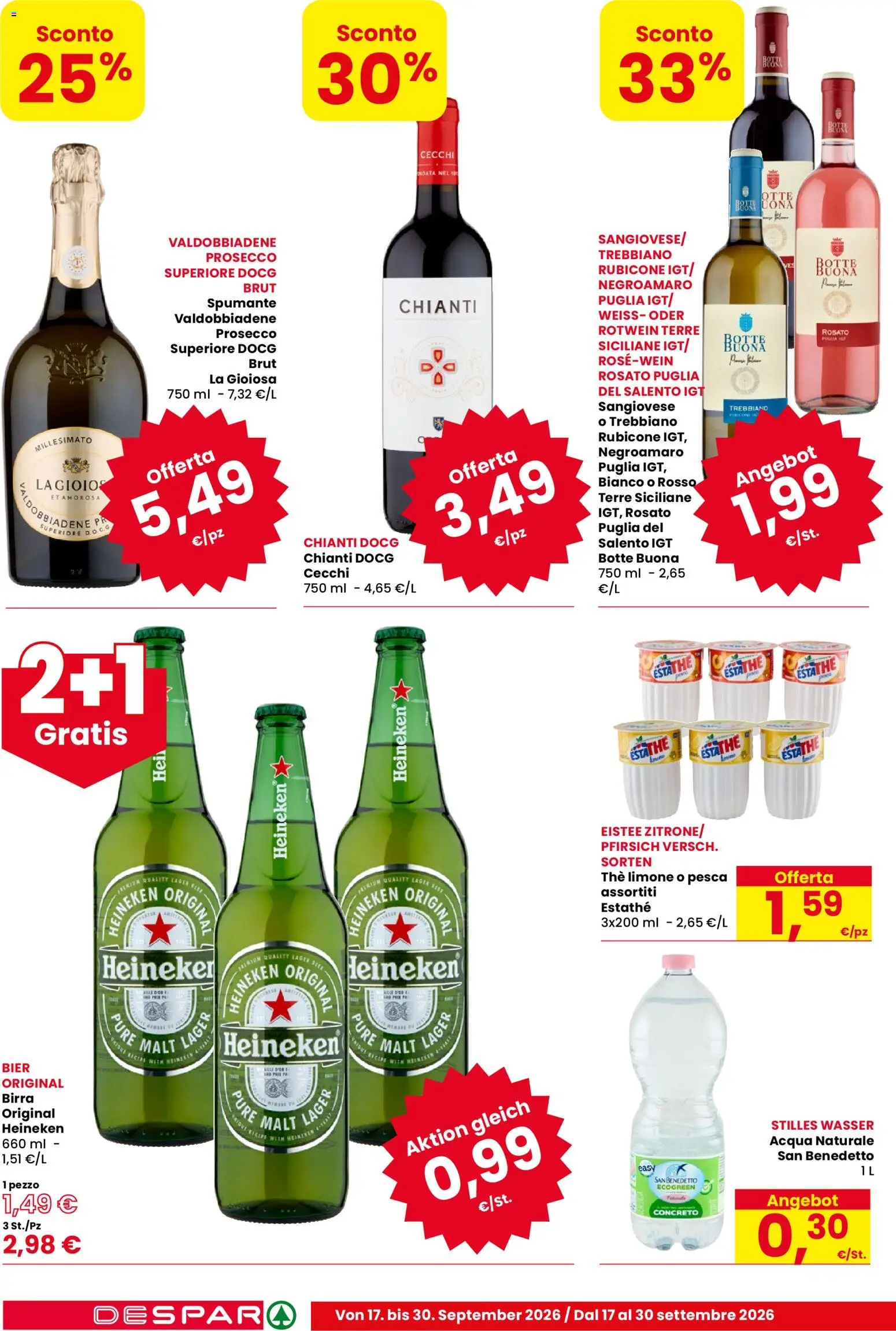 Volantino Despar del 17/09/2026 | Pagina: 18 | Prodotti: Birra, Prosecco, Pesca, Acqua naturale