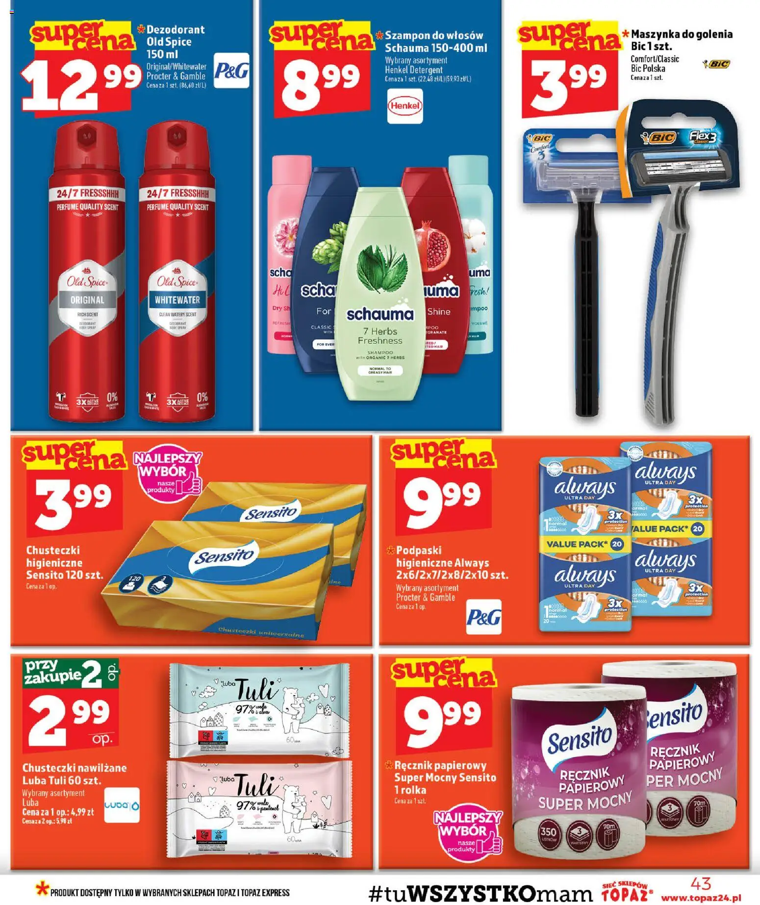 Topaz gazetka od 30.07.2026 | Strona: 43 | Produkty: Chusteczki, Szampon, Detergent, Old spice