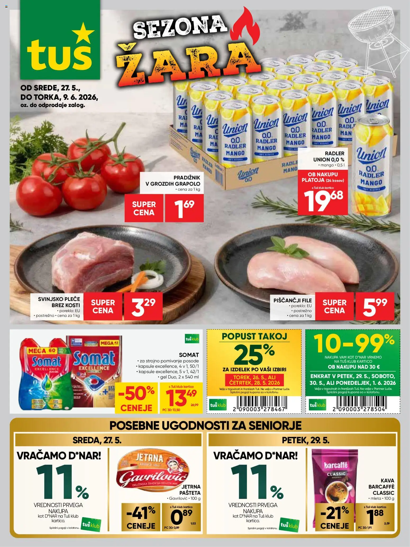 Novi Tuš katalog ponudbe – veljaven od 27.05.2026 | Stran: 1 | Izdelki: Pašteta, Radler, Kava, Mango