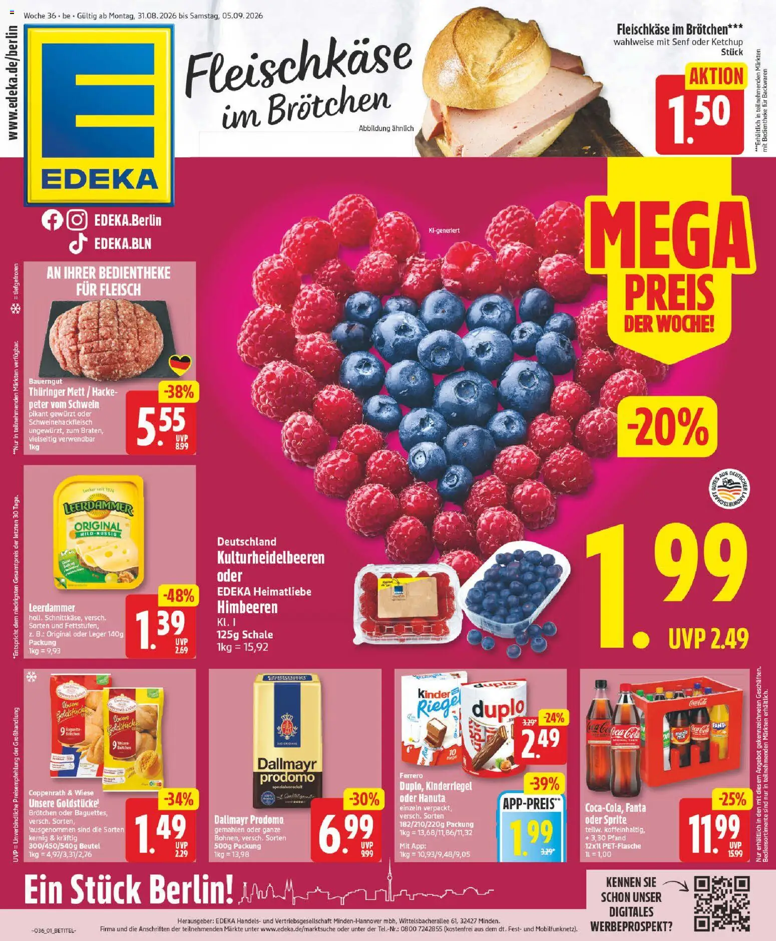 Edeka Prospekt – gültig ab 31.08.2026 | Seite: 1 | Produkte: Himbeeren, Sprite, Leerdammer, Dallmayr prodomo
