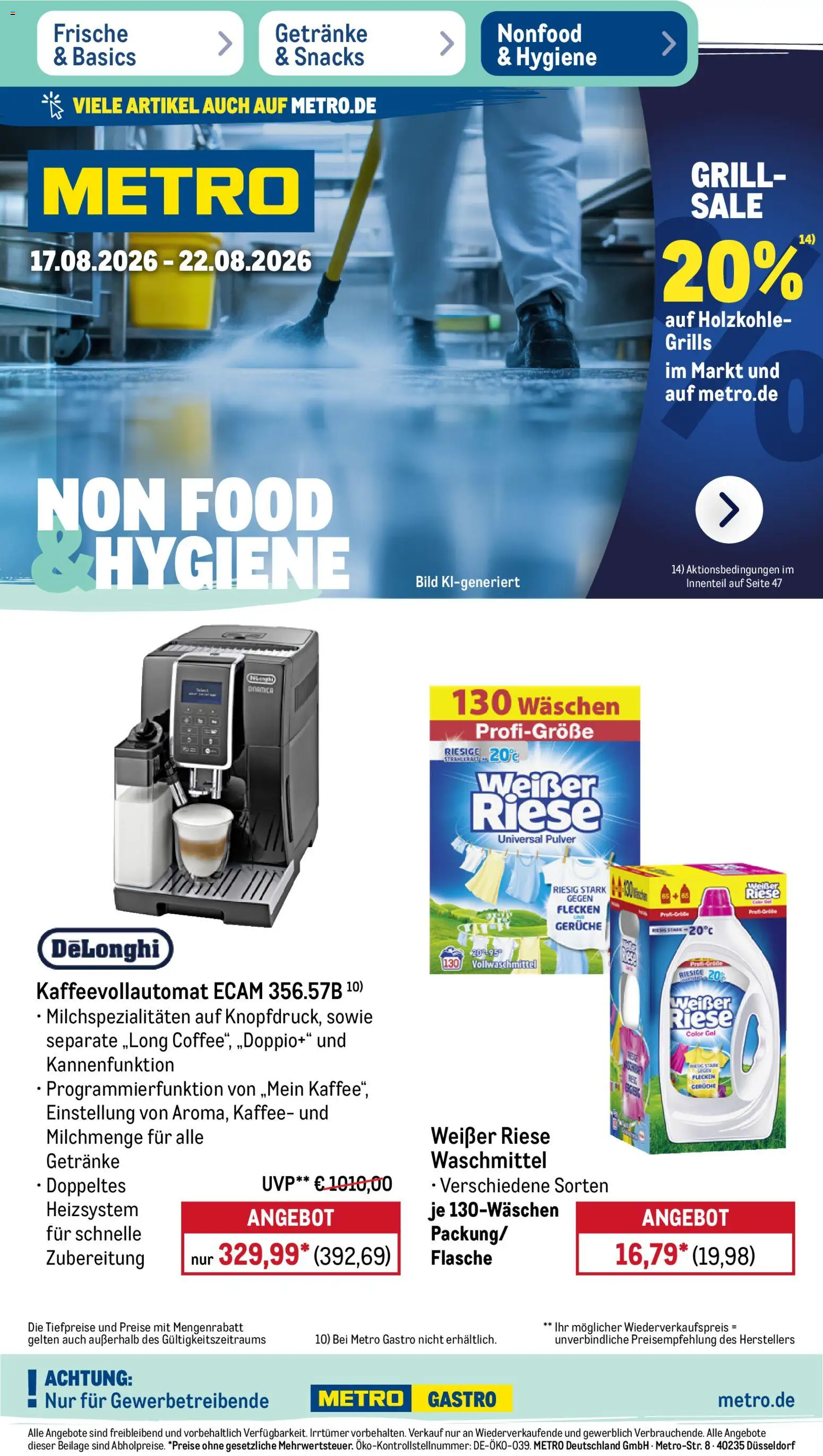 Metro NonFood-Angebote – gültig ab 17.08.2026 | Seite: 1 | Produkte: Grill, Kaffee, Waschmittel, Kaffeevollautomat