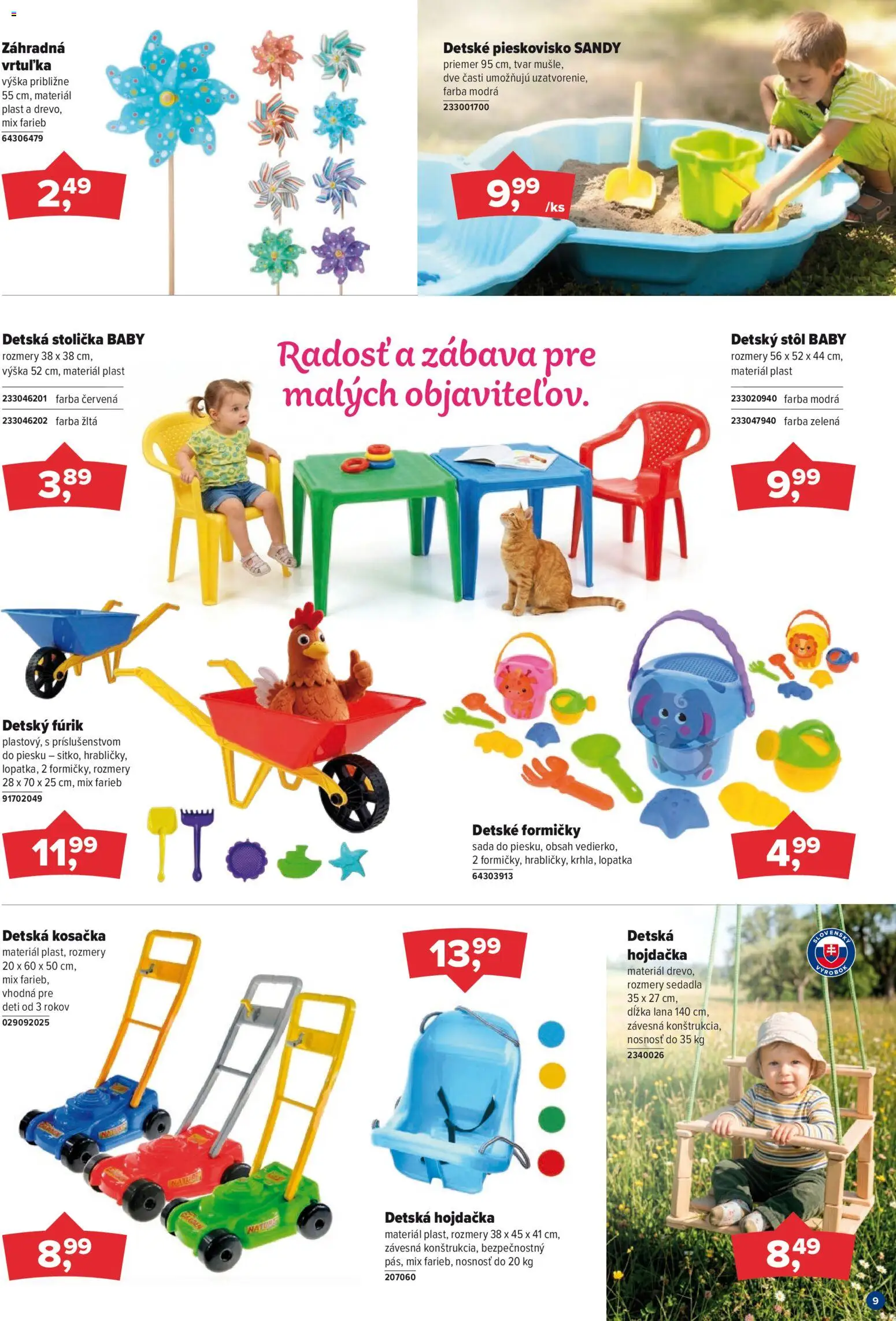 Nové Kinekus akcie – leták je platný od 01.05.2026 | Strana: 9 | Produkty: Stôl, Detská stolička, Kosačka, Detská hojdačka