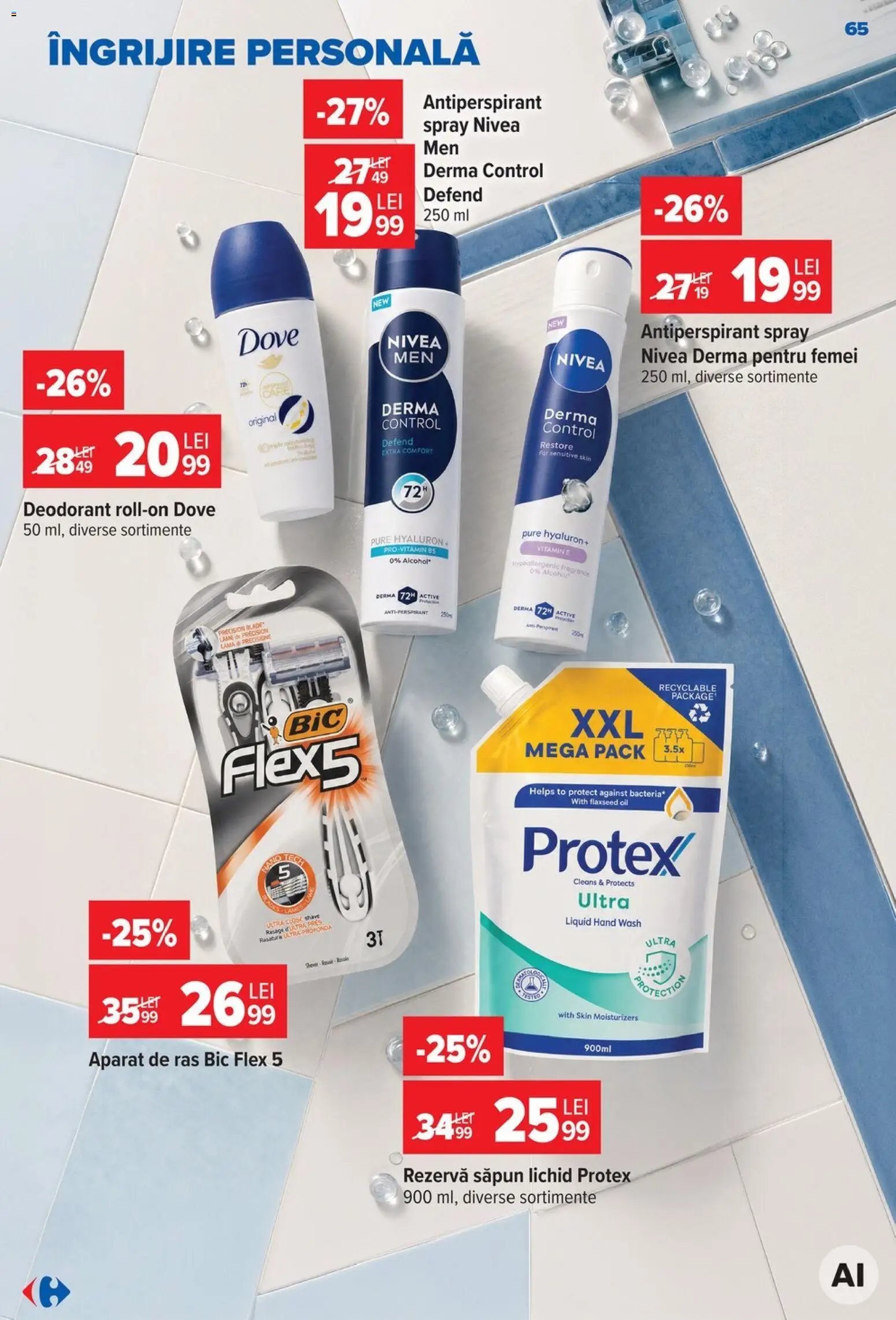 Noul catalog Carrefour – valabil de la 19.08.2026 | Pagină: 65 | Produse: Aparat De Ras, Active, Săpun, Săpun lichid