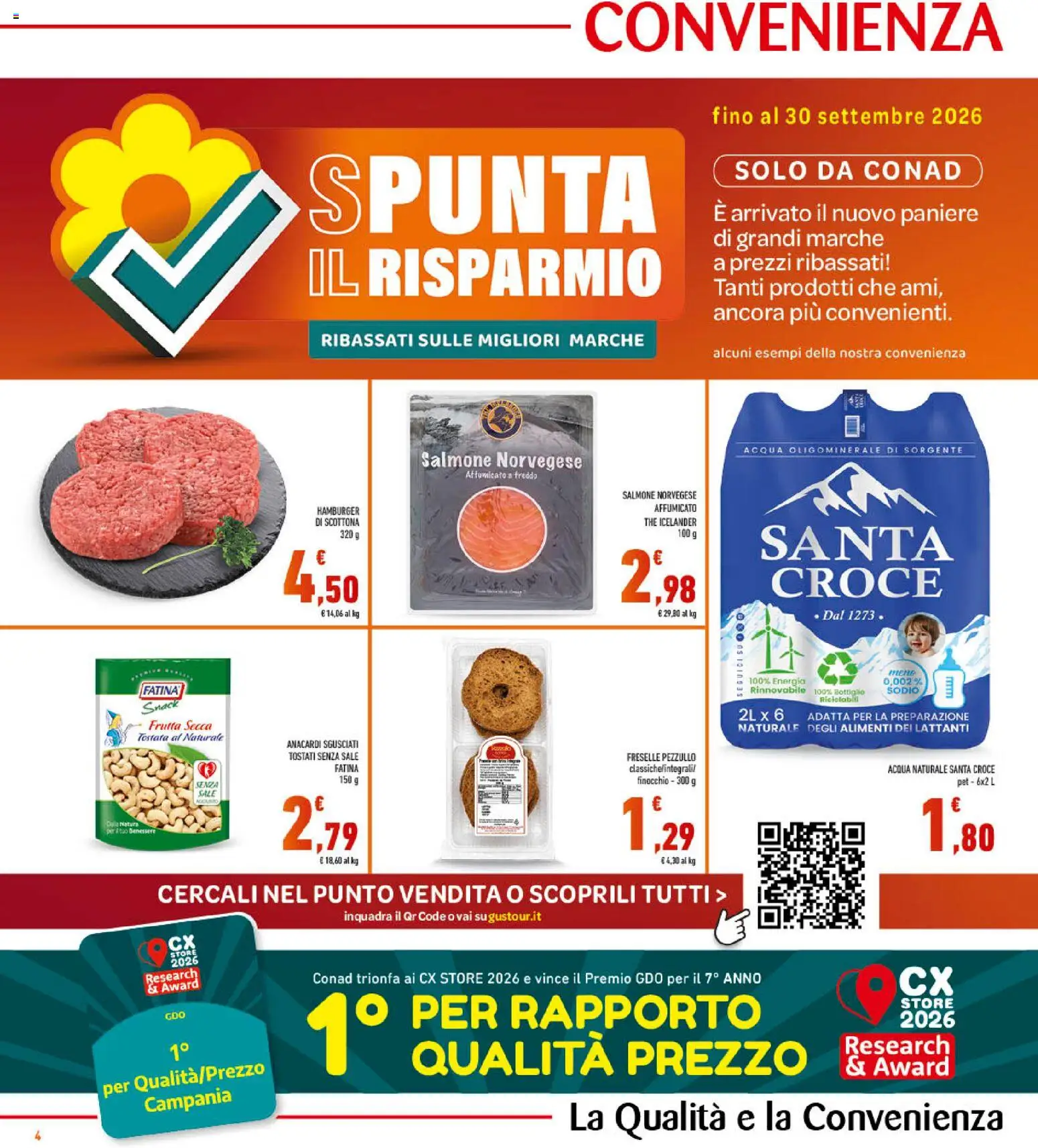 Volantino Conad del 05/08/2026 | Pagina: 4 | Prodotti: Salmone, Frutta, Acqua naturale, Hamburger