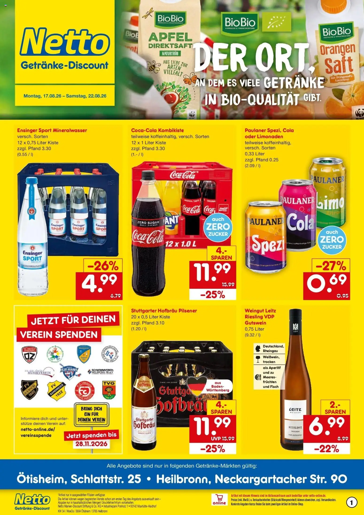 Netto Marken-Discount Prospekt Ötisheim – gültig ab 17.08.2026 | Seite: 1 | Produkte: Coca cola, Orangensaft, Fisch, Paulaner