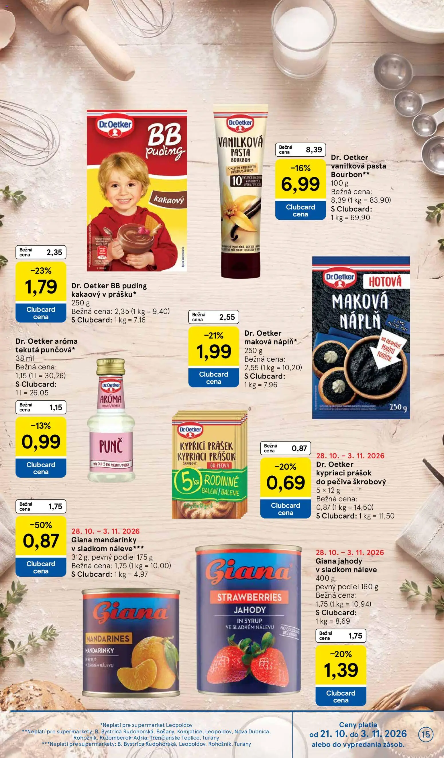 Nové Tesco akcie – leták je platný od 28.10.2026 | Strana: 15 | Produkty: Prášok do pečiva, Puding, Jahody, Mandarinky