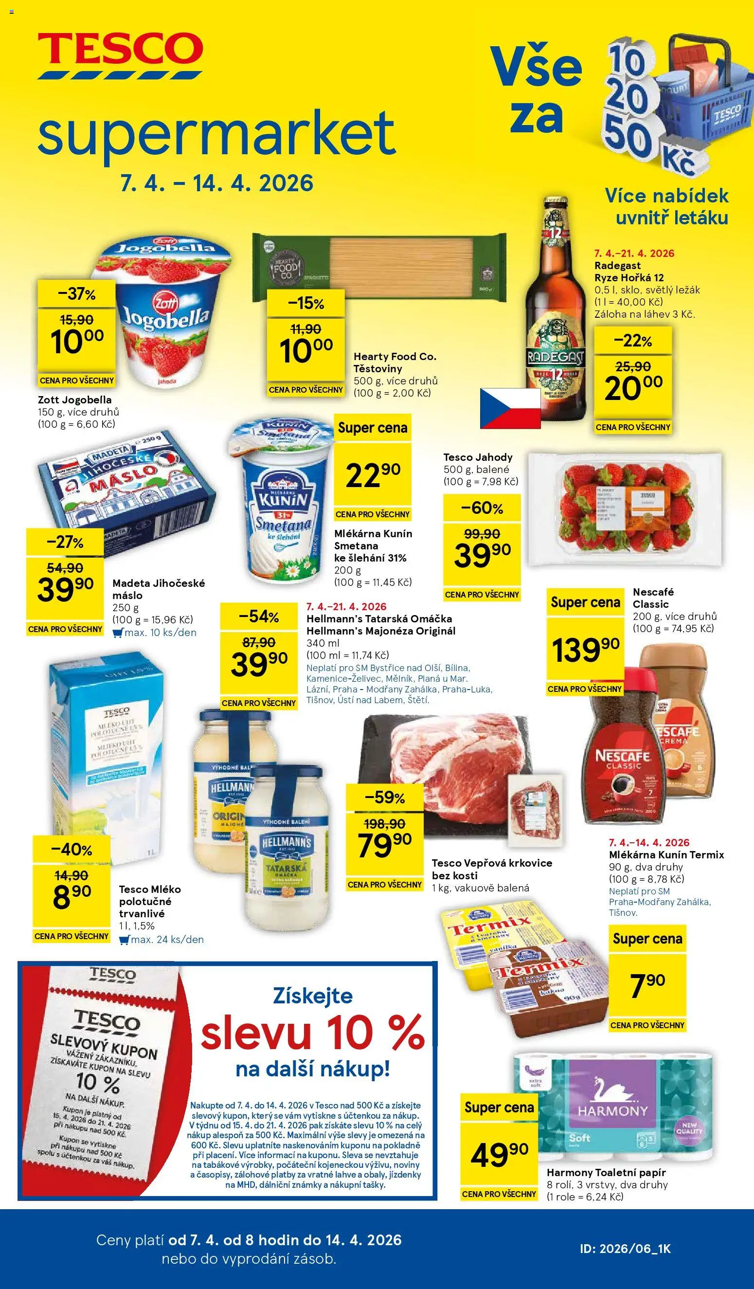 Tesco leták - Supermarket od 07.04.2026 | Strana: 1 | Produkty: Tatarská omáčka Hellmann's, Mléko, Madeta Jihočeské máslo, Vepřová krkovice