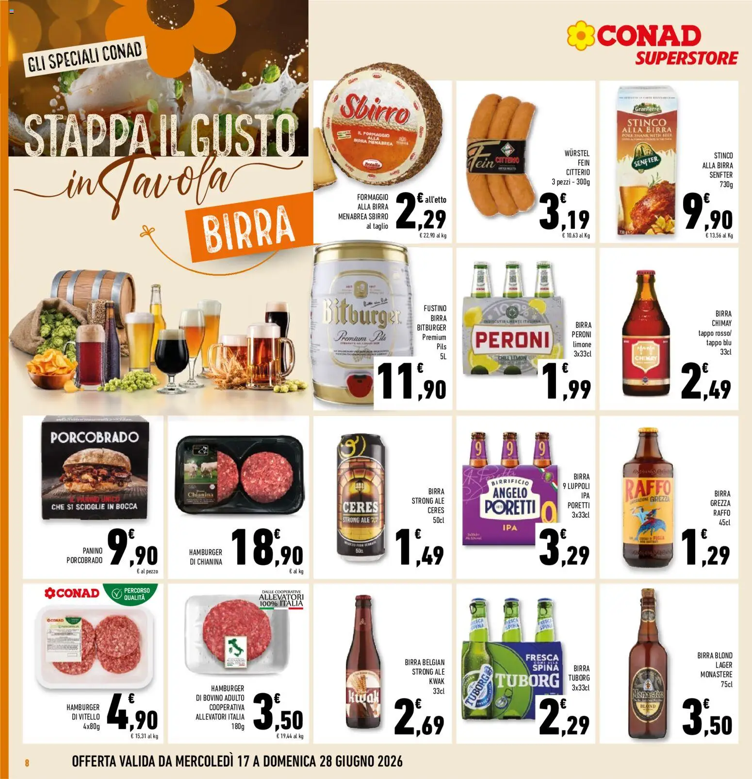 Volantino Conad del 17.06.2026 | Pagina: 8 | Prodotti: Bovino, Birra, Formaggio, Hamburger