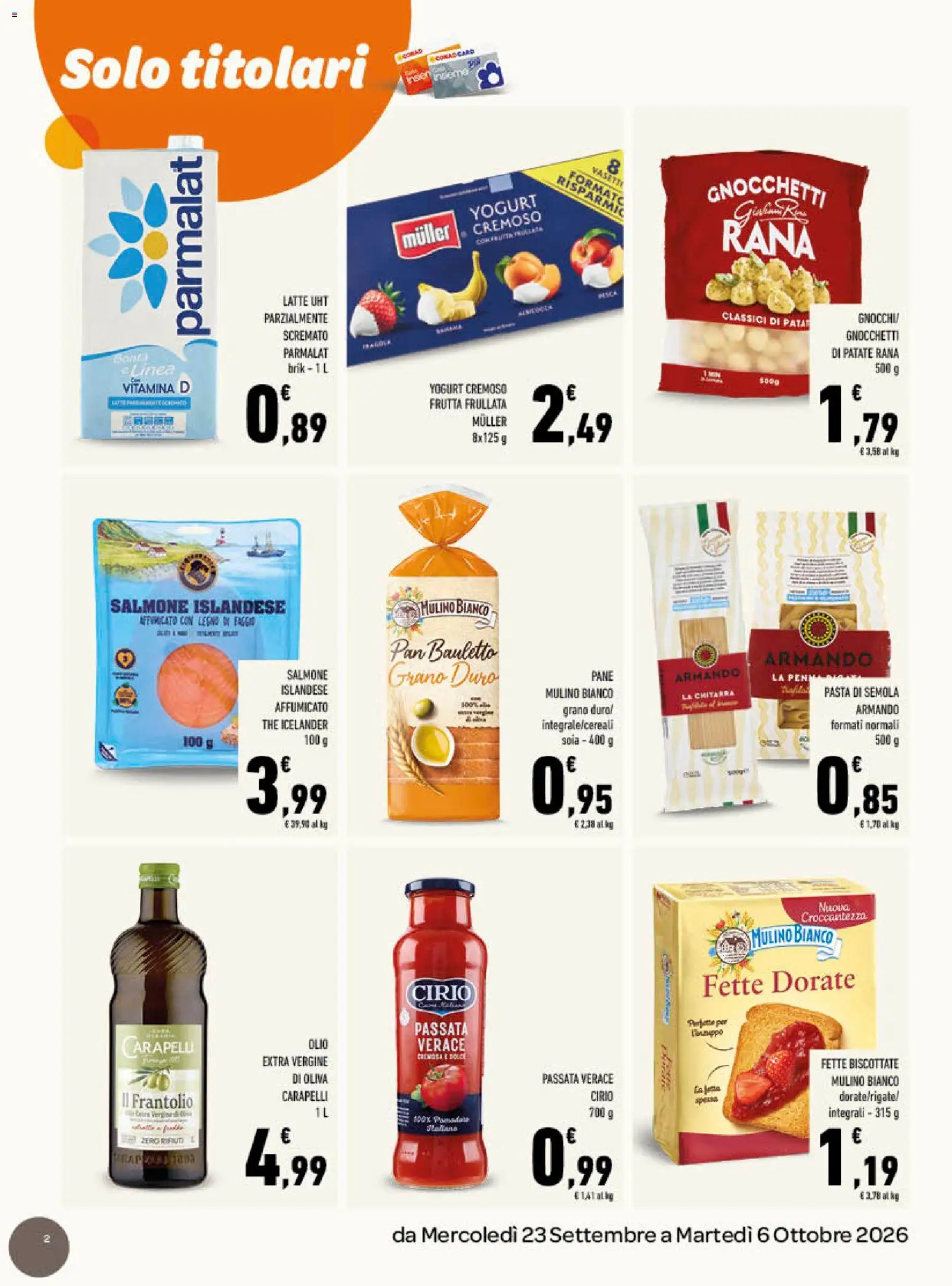 Volantino Conad del 23/09/2026 | Pagina: 2 | Prodotti: Salmone, Pasta di semola, Olio extra vergine, Gnocchi
