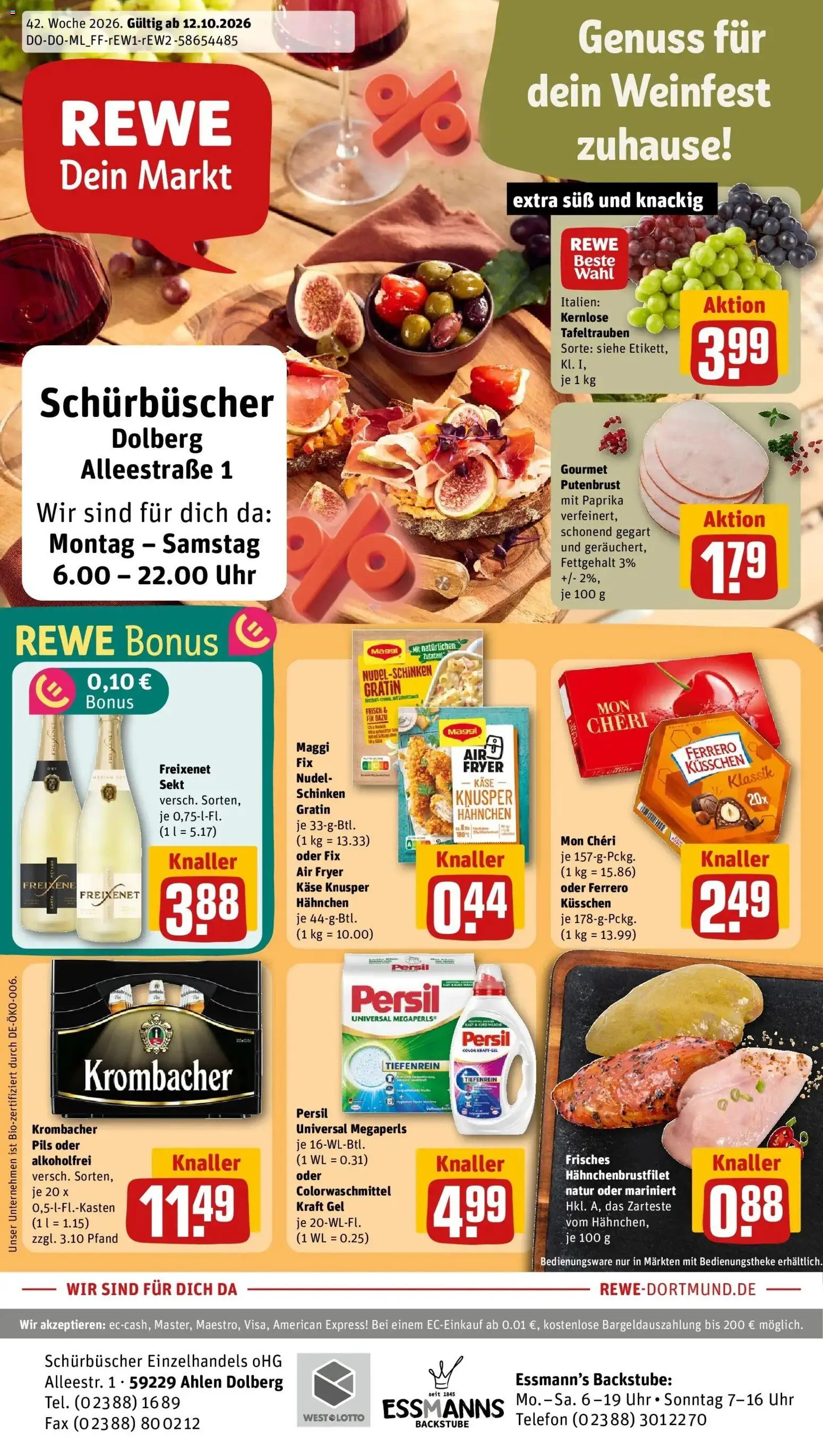 REWE Prospekt ab 12.10.2026 zum Blättern » Angebote | Seite: 1 | Produkte: Hahnchen, Freixenet, Pils, Telefon