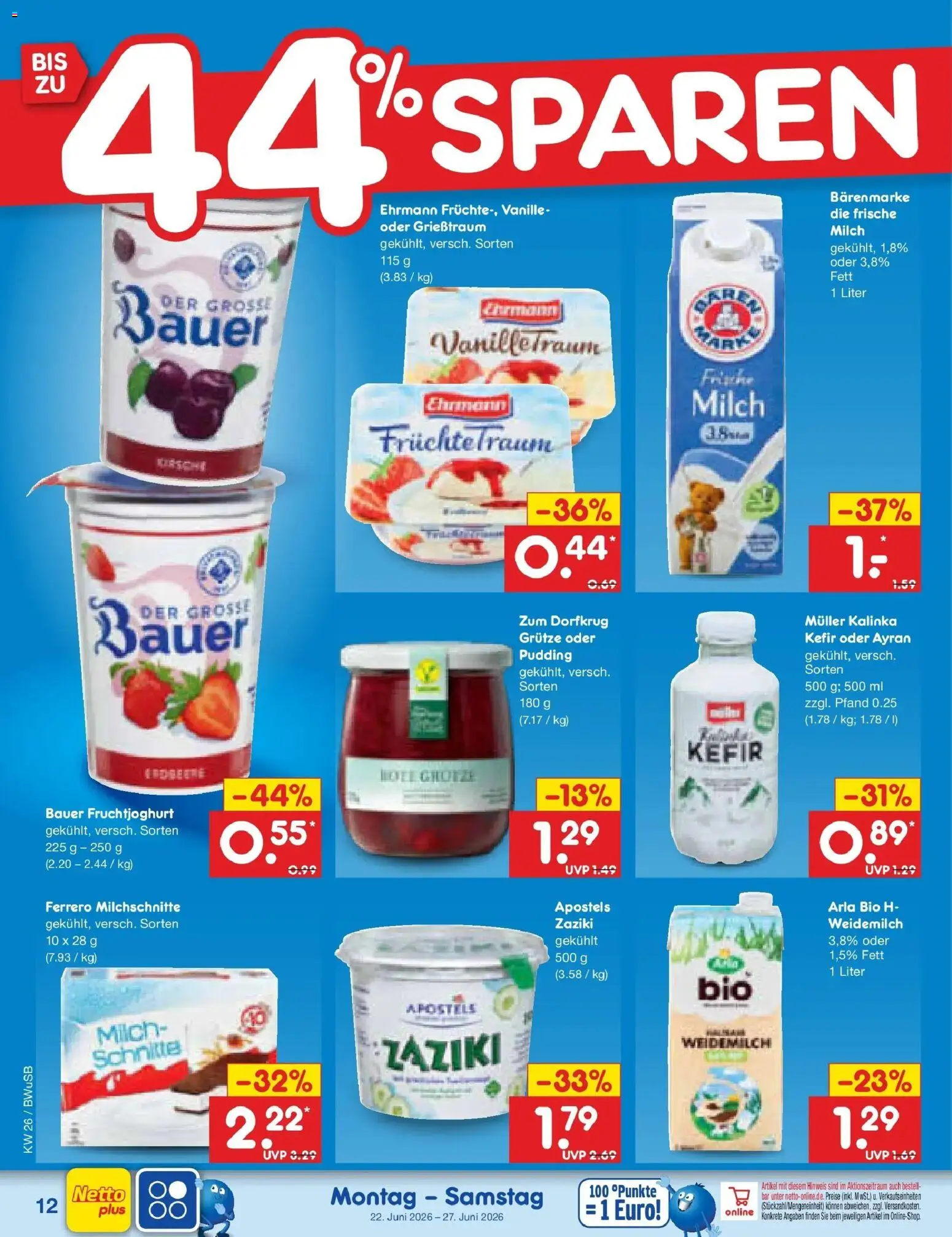Netto Marken-Discount Prospekt Stemwede-Dielingen – gültig ab 21.06.2026 | Seite: 14 | Produkte: Milch, Fruchtjoghurt, Pudding, Ferrero milchschnitte