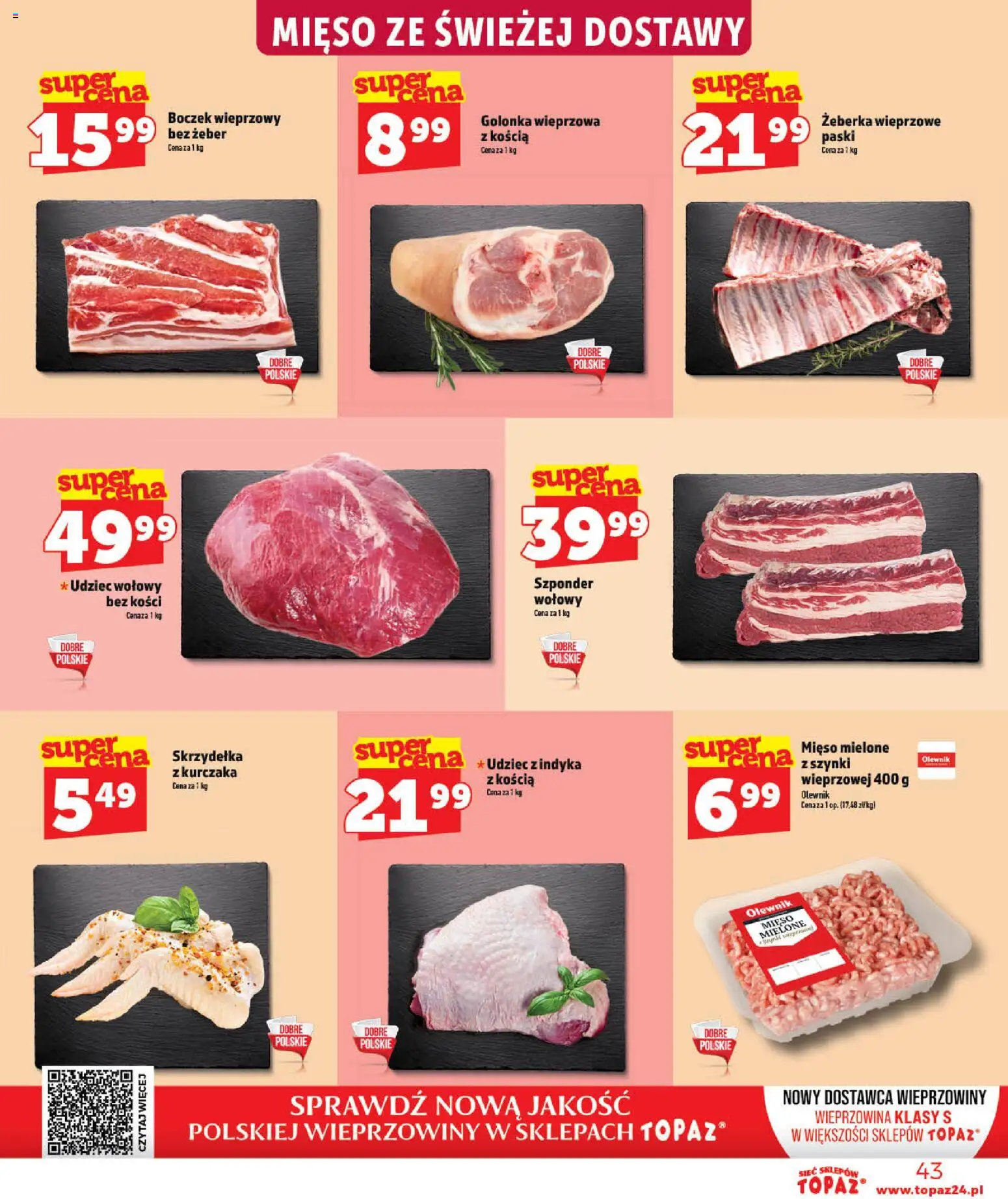 Topaz gazetka - Otwarcie Stoczek Łukowski od 30.05.2026 | Strona: 43 | Produkty: Mięso, Golonka wieprzowa, Mięso mielone, Boczek