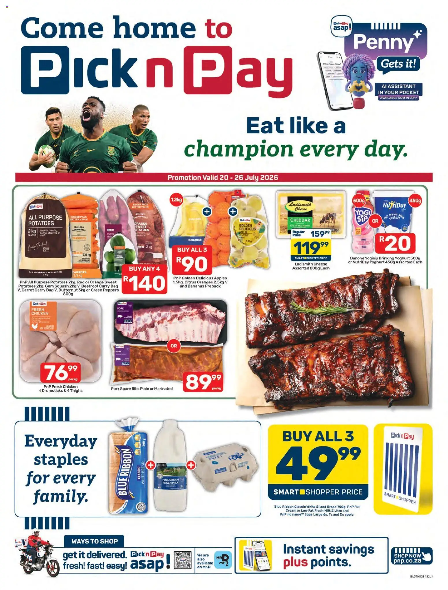 New Pick n Pay catalogue – valid from 20/07/2026 | Page: 1 | Products: Ribs, Chicken, Apples, Oranges